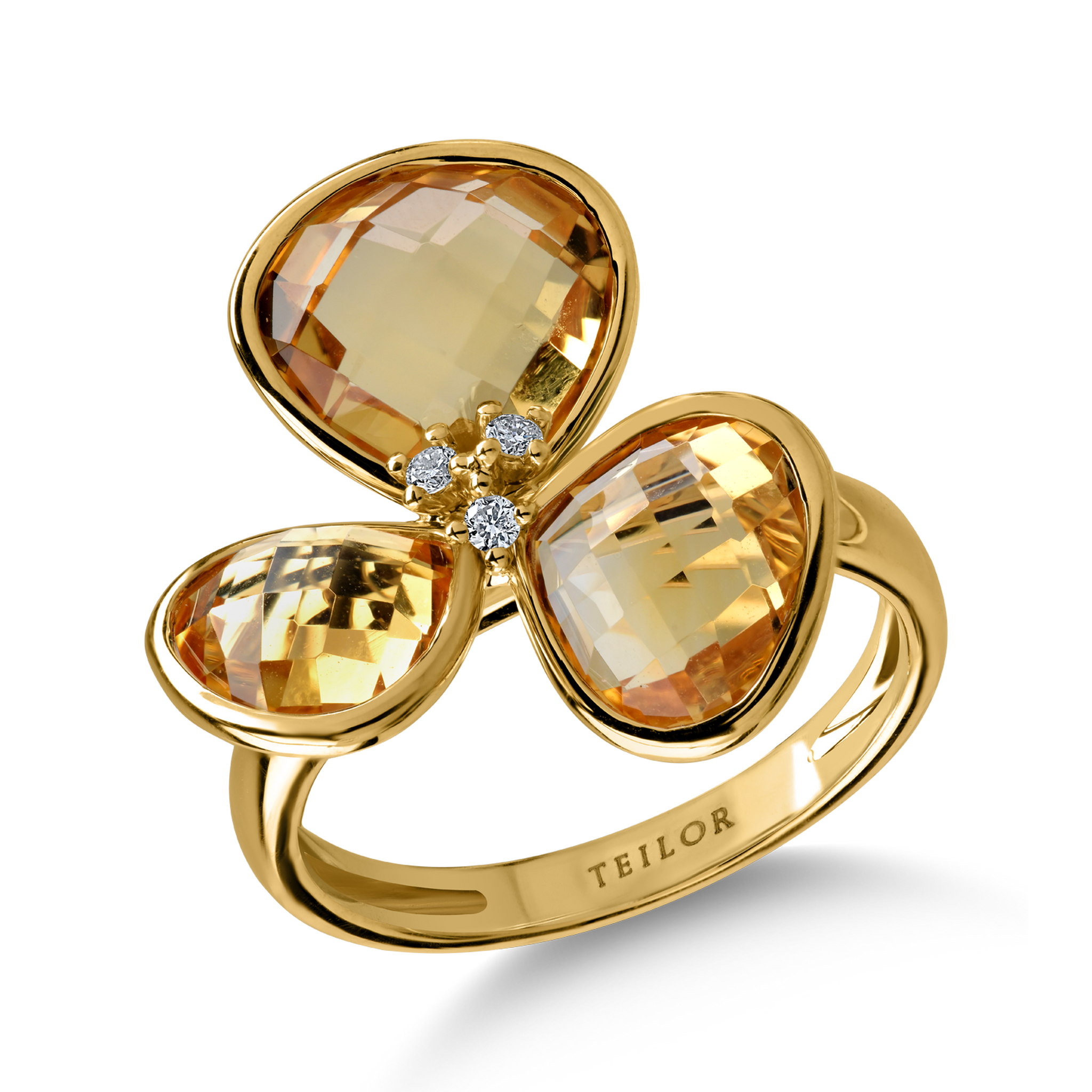 Sárga arany virággyűrű 8.3ct citrinnel és 0.09ct gyémánttal