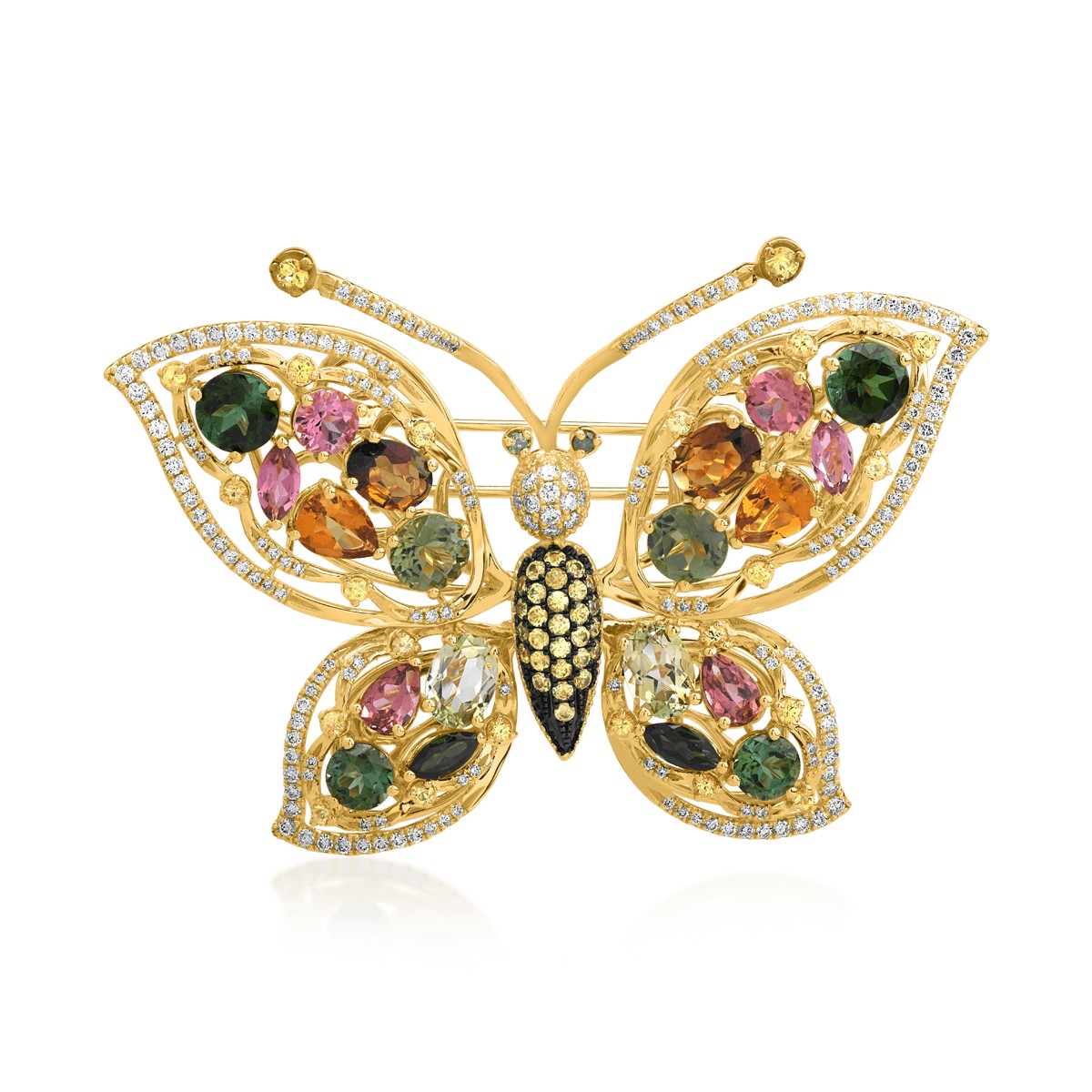18K yellow gold brooch with 12.76ct precious and semi-precious stones