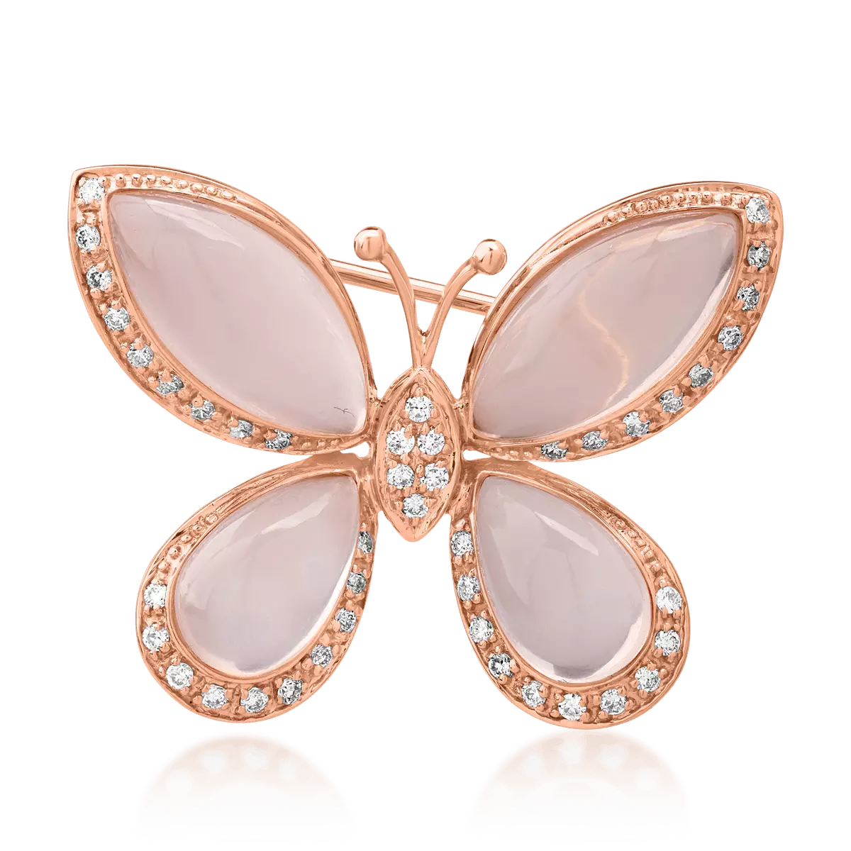 Brosa fluture din aur roz de 18K cu quartz roz de 13.646ct si diamante de 0.334ct