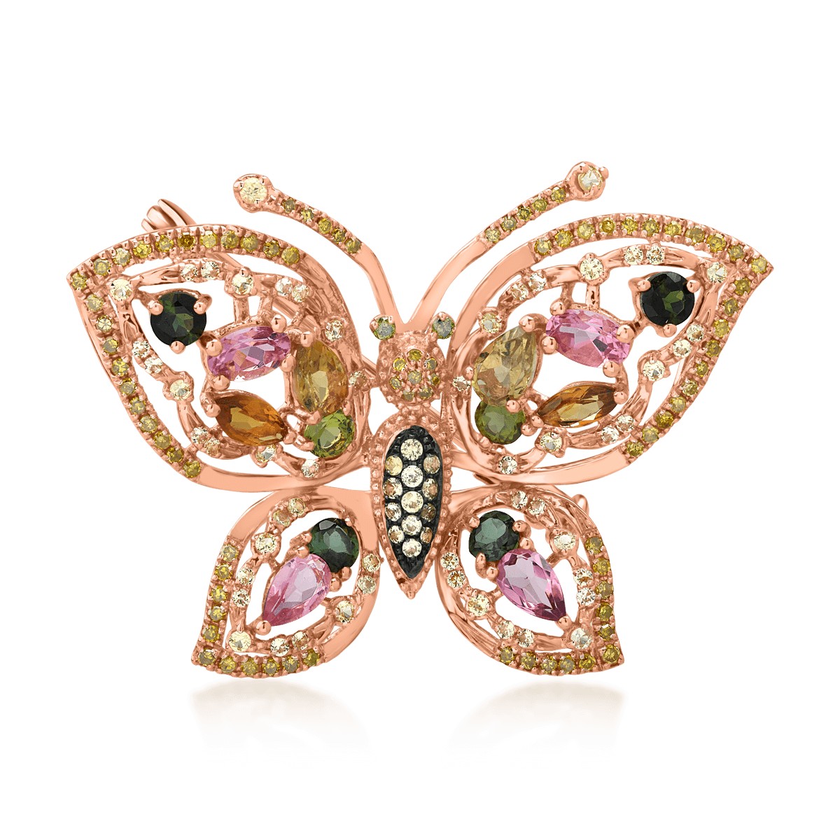 Brochs pillangó 18k-tól rózsaszín arany, értékes és félig drágakövek 3.27ct