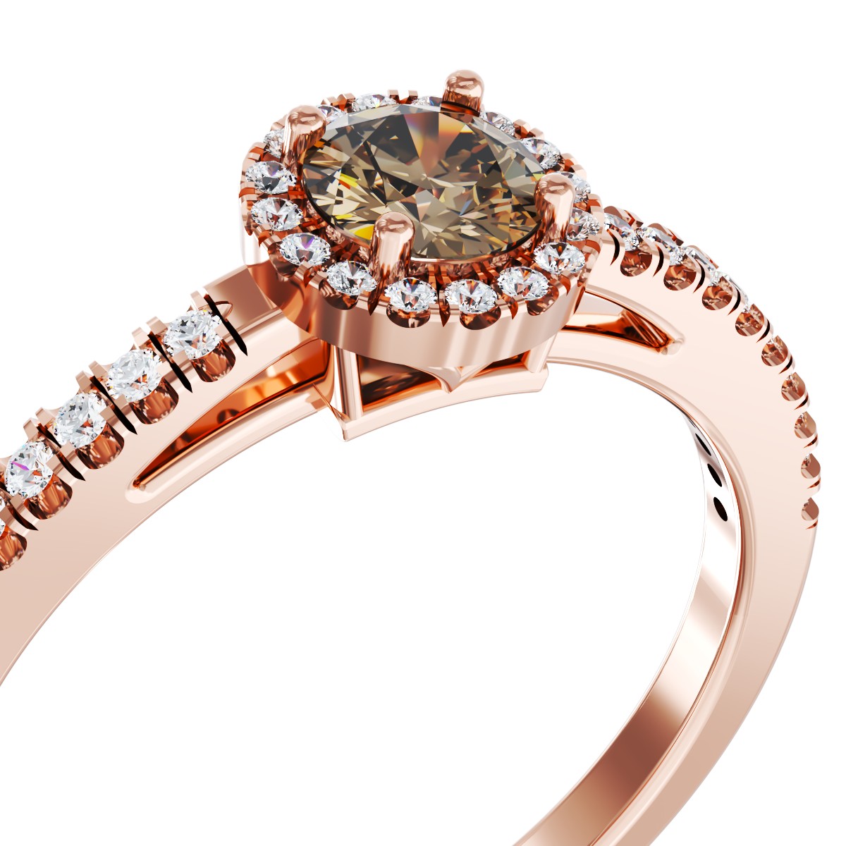 Inel de logodna din aur roz de 18K cu diamant maro de 0.3ct si diamante transparente de 0.2ct