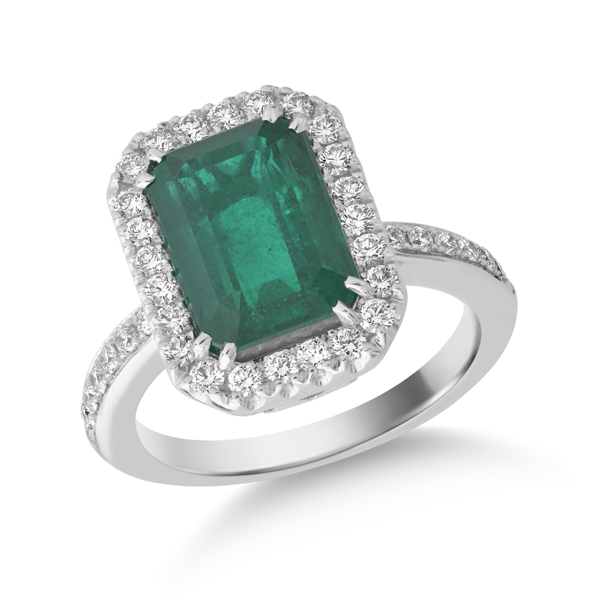 18k fehér arany gyűrű, smaragd 4,68ct és gyémánt 0,58ct