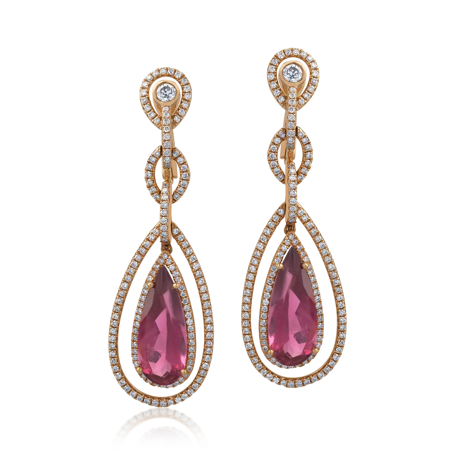 18K rózsaszín arany fülbevaló 6.7ct rózsaszín turmalinokkal és 1.27ct gyémántokkal