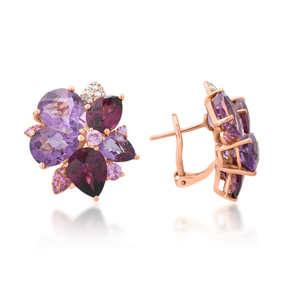 18K rose gold earrings with 9.9ct amethysts and 6.9ct rhodolites