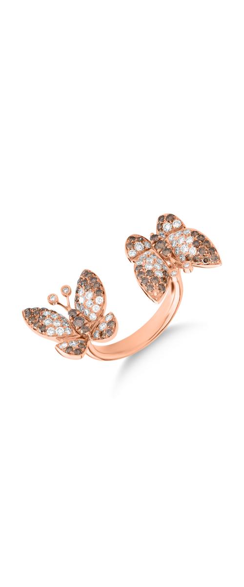 Gyűrű 18K rózsaszín arany pillangókkal 0,81 barna gyémánt és átlátszó gyémánt 0.67ct