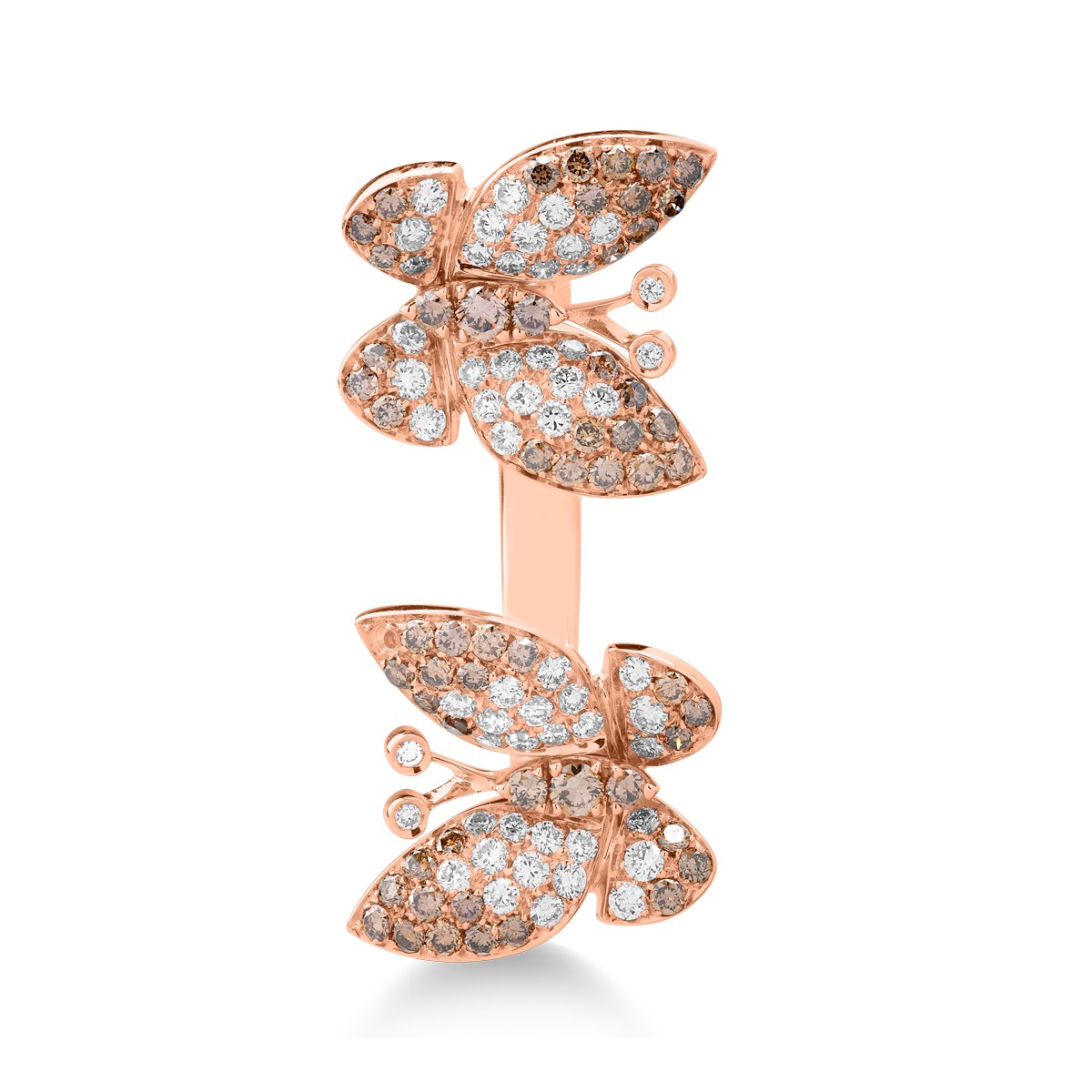 Пръстен с пеперуди от 18K розово злато с 0.81 кафяви диаманти и 0.67ct прозрачни диаманти