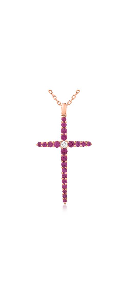 18K rose gold cross pendant necklace with 0.09ct diamond and 1.08ct rubies