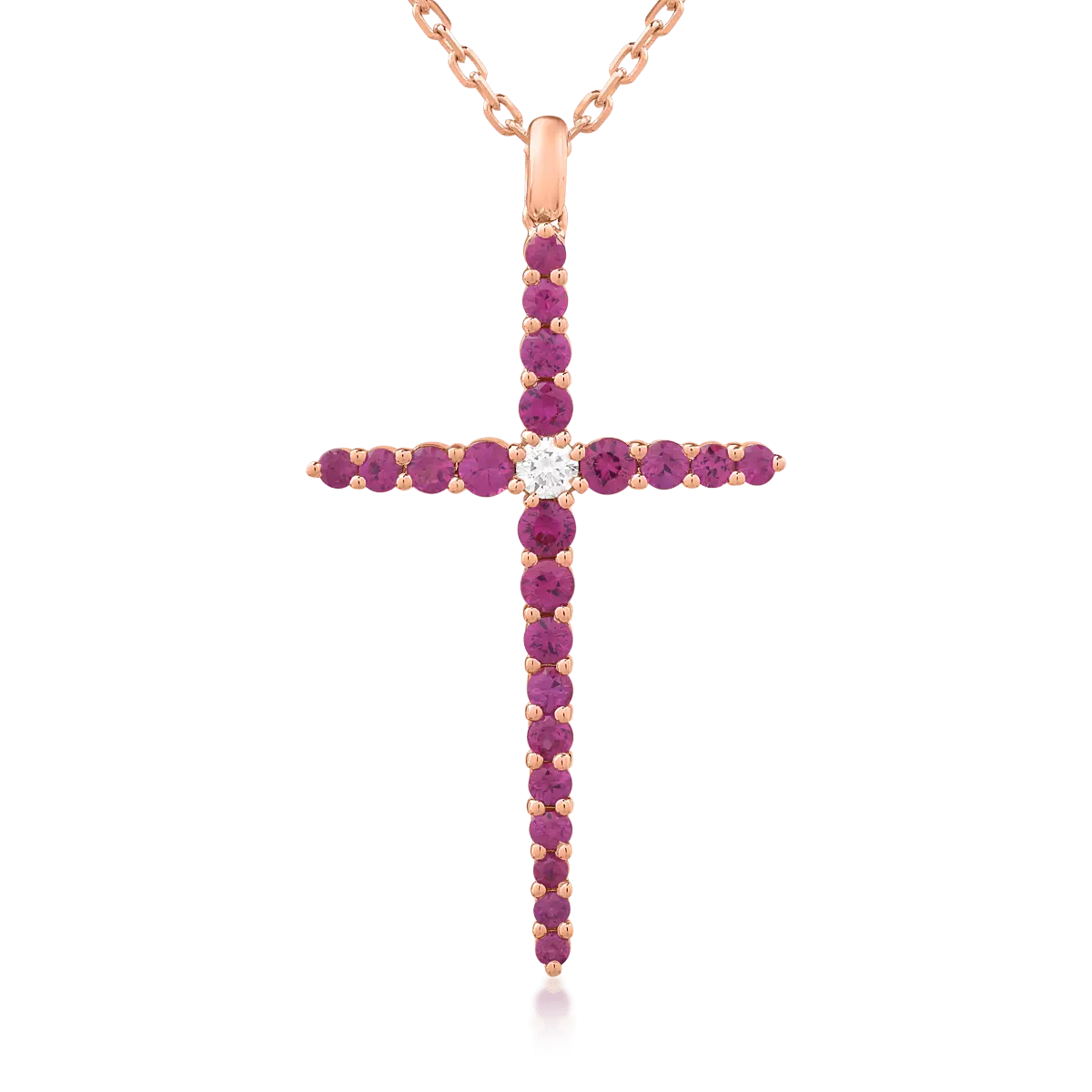Łańcuszek z wisiorkiem krzyż z 18K różowego złota, diament 0.09kr i rubiny 1.08kr