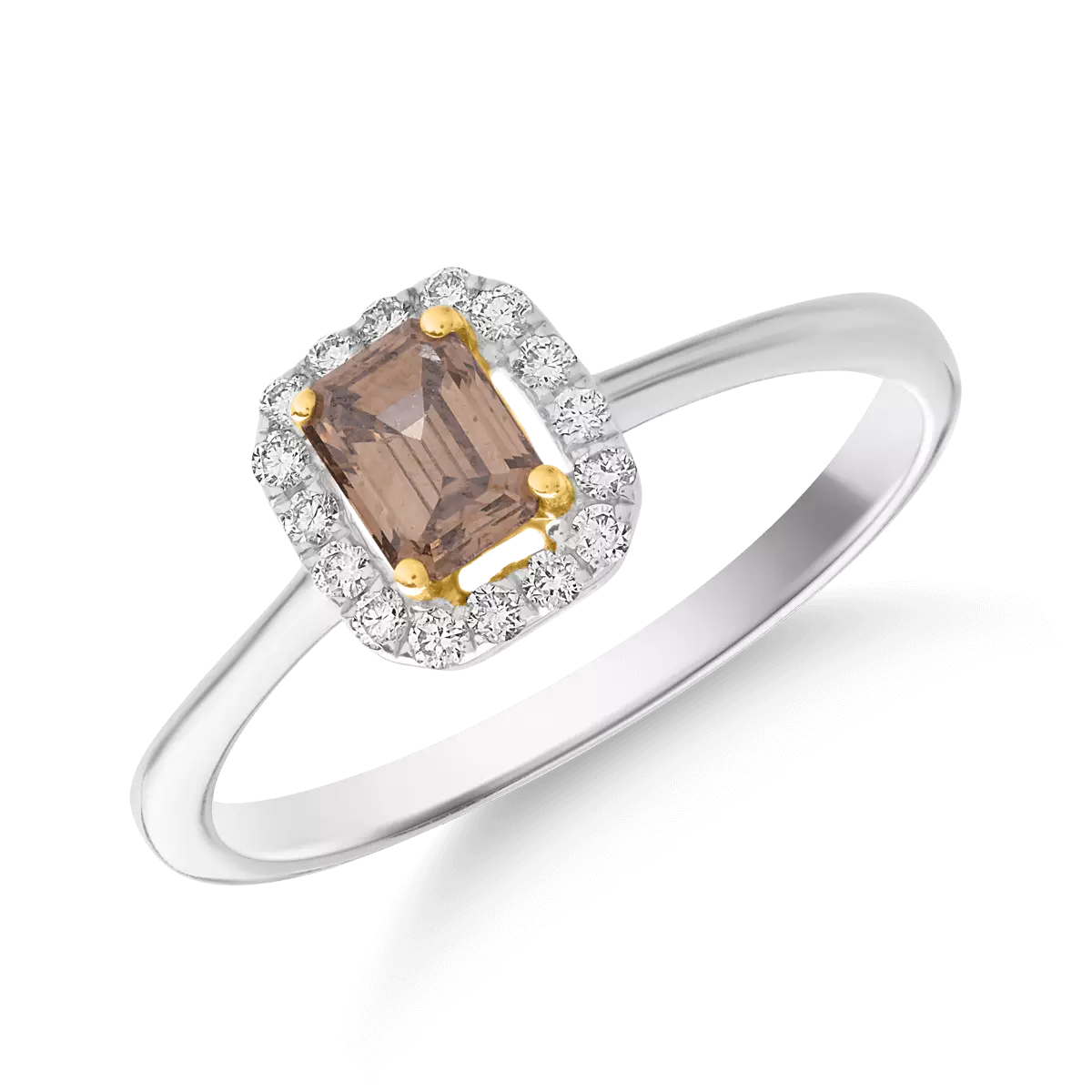 Inel din aur alb de 18K cu diamant maro de 0.48ct si diamante transparente de 0.14ct