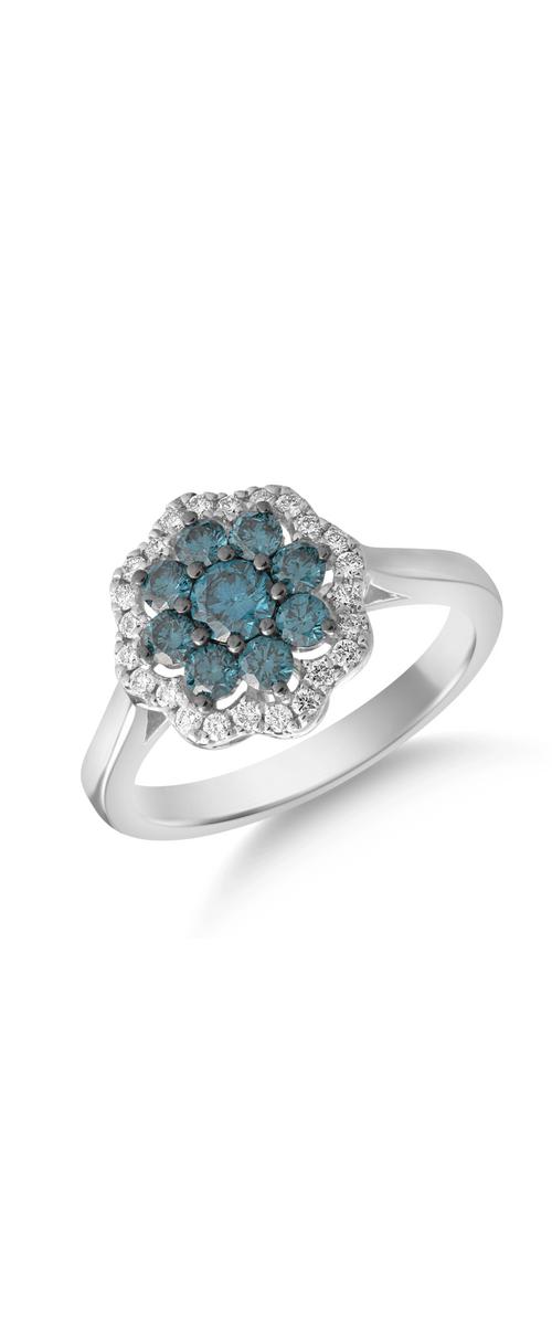 Inel din aur alb de 14K cu diamante albastre de 0.48ct si diamante transparente de 0.14ct