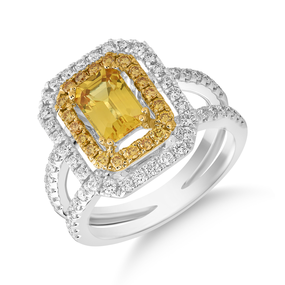 Inel din aur alb-galben de 18K cu safire de 1.07ct si diamante de 0.76ct 0.76ct poza noua reduceri 2022