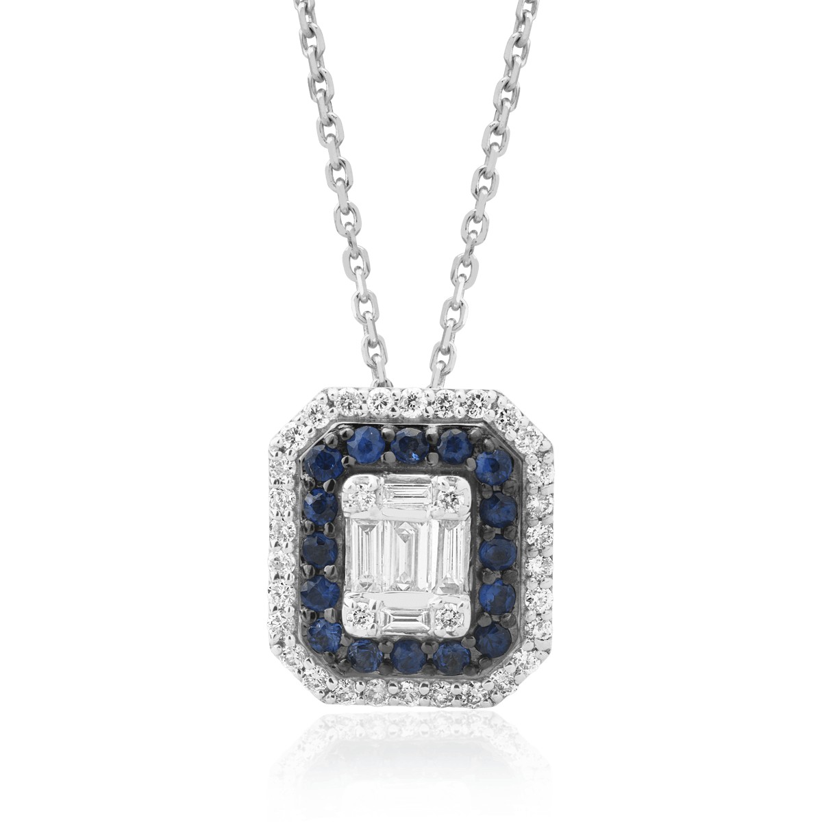 18K white gold pendant necklace with 0.74ct diamonds and 0.222ct sapphires