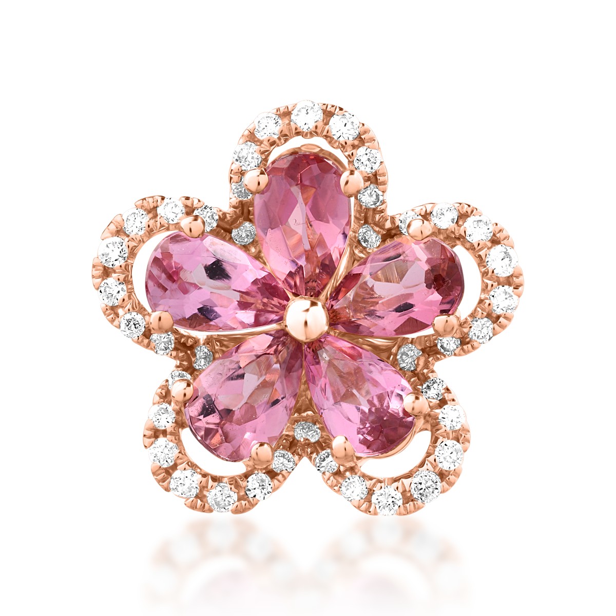 Pandantiv floare din aur roz de 18K cu turmaline roz de 0.9ct si diamante de 0.15ct