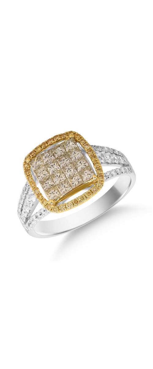 Inel din aur alb-galben de 18K cu diamante galbene de 0.82ct si diamante de 0.37ct