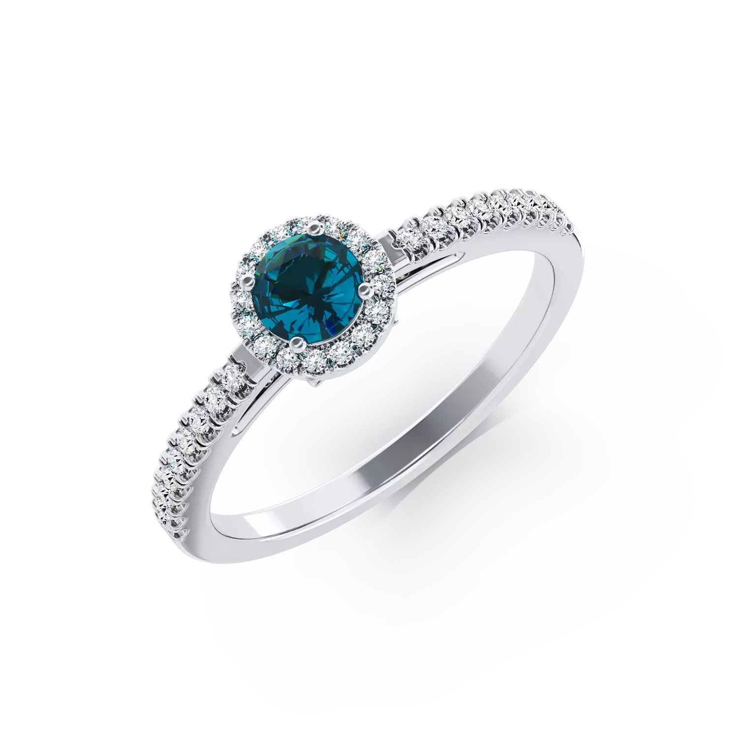 Inel de logodna din aur alb de 18K cu diamant albastru de 0.31ct si diamante transparente de 0.2ct