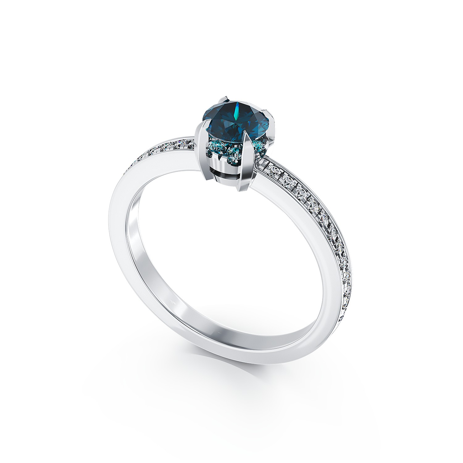 Годежен пръстен от 18 карата бяло злато с 0.39 карата син диамант и 0.2 карата диаманти