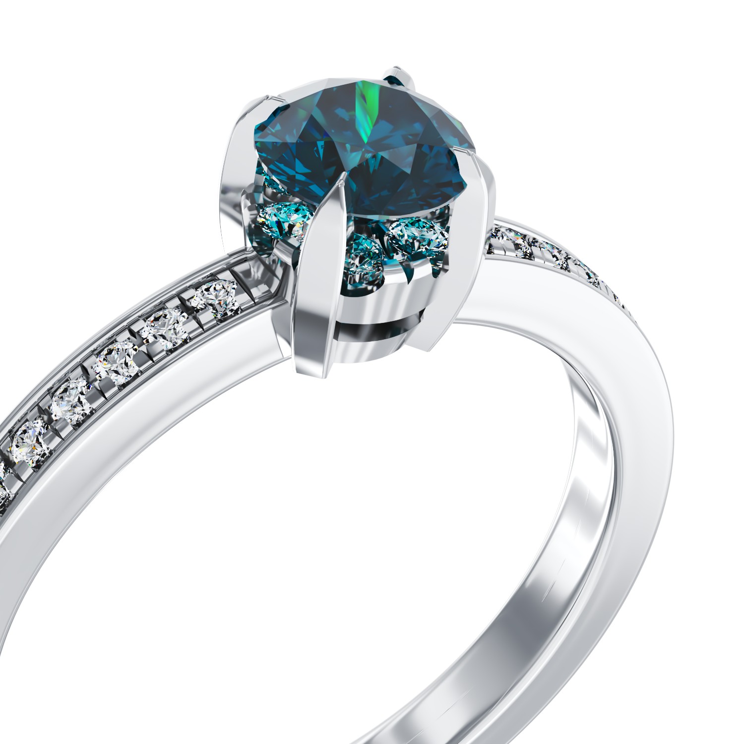 Inel de logodna din aur alb de 18K cu diamant albastru de 0.39ct si diamante de 0.2ct