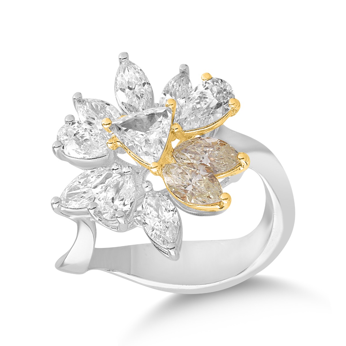 18 karátos fehér-sárga arany gyűrű 1.05 karátos gyémántokkal és 0.58 karátos sárga gyémántokkal