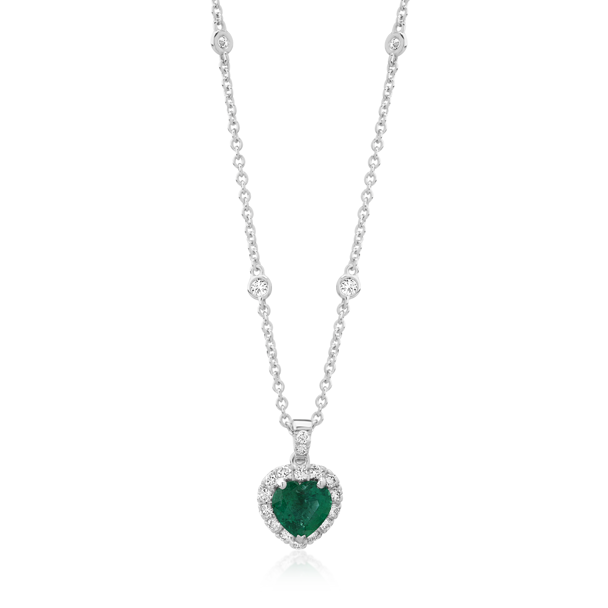 18K white gold pendant necklace with emerald 0.75ct and 0.49ct diamonds