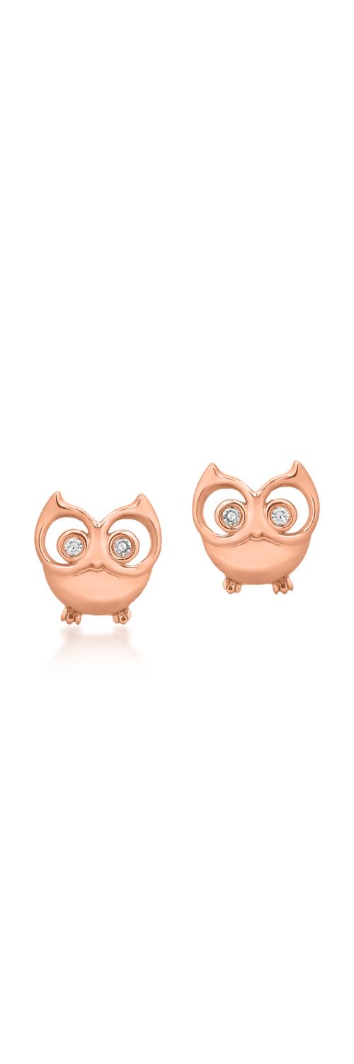 14K rose gold children's owl earrings with 0.02ct diamonds