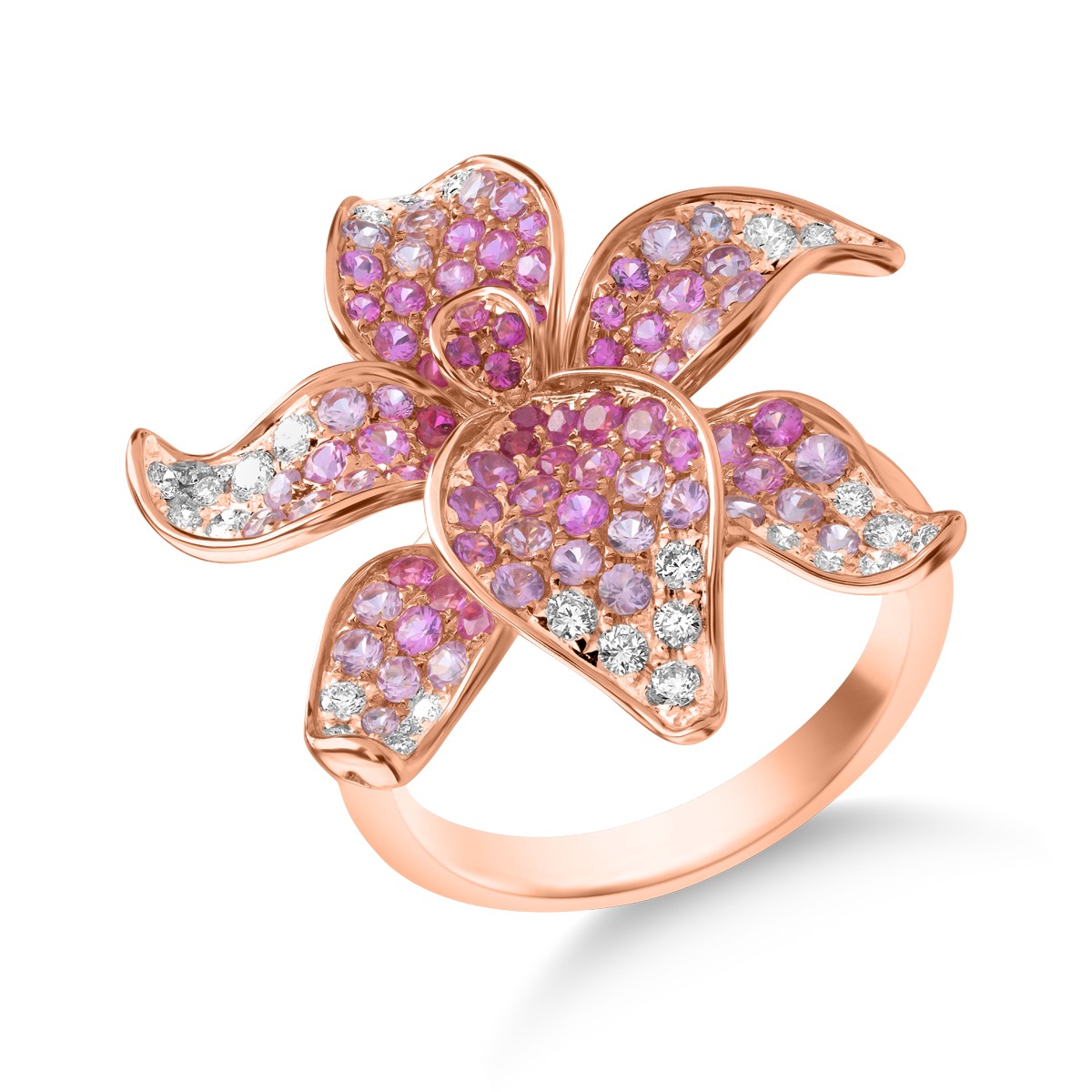 18k rózsaszínű arany virággyűrű, drágakövekkel 1.64ct