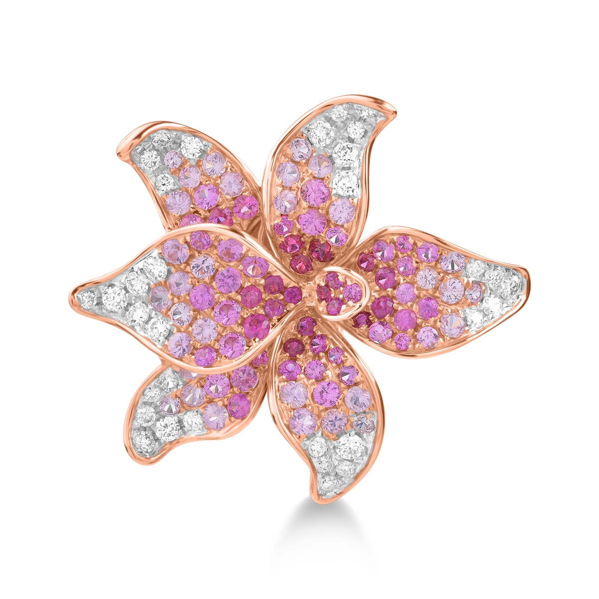 18k rózsaszínű arany virággyűrű, drágakövekkel 1.64ct
