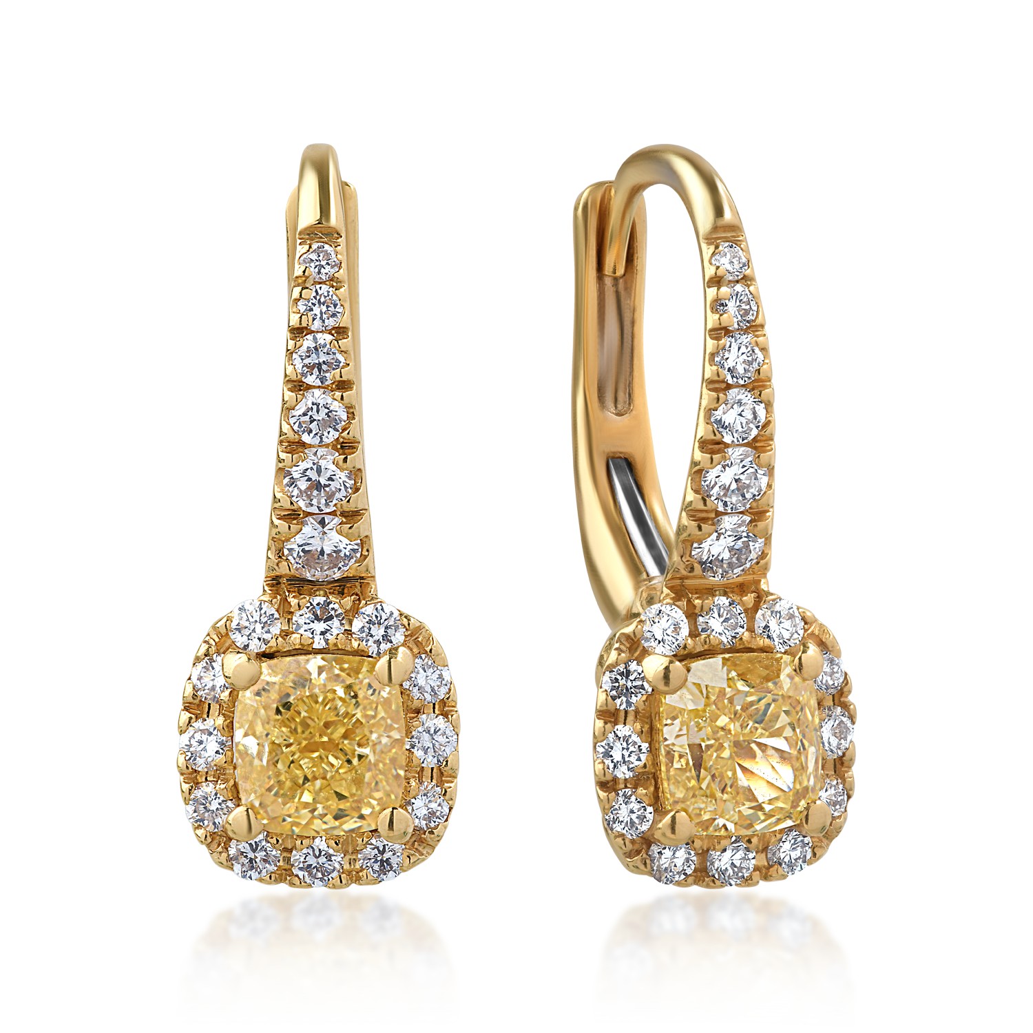 Cercei din aur galben de 18K cu diamante fancy-galbene de 1.21ct si diamante transparente de 0.52ct