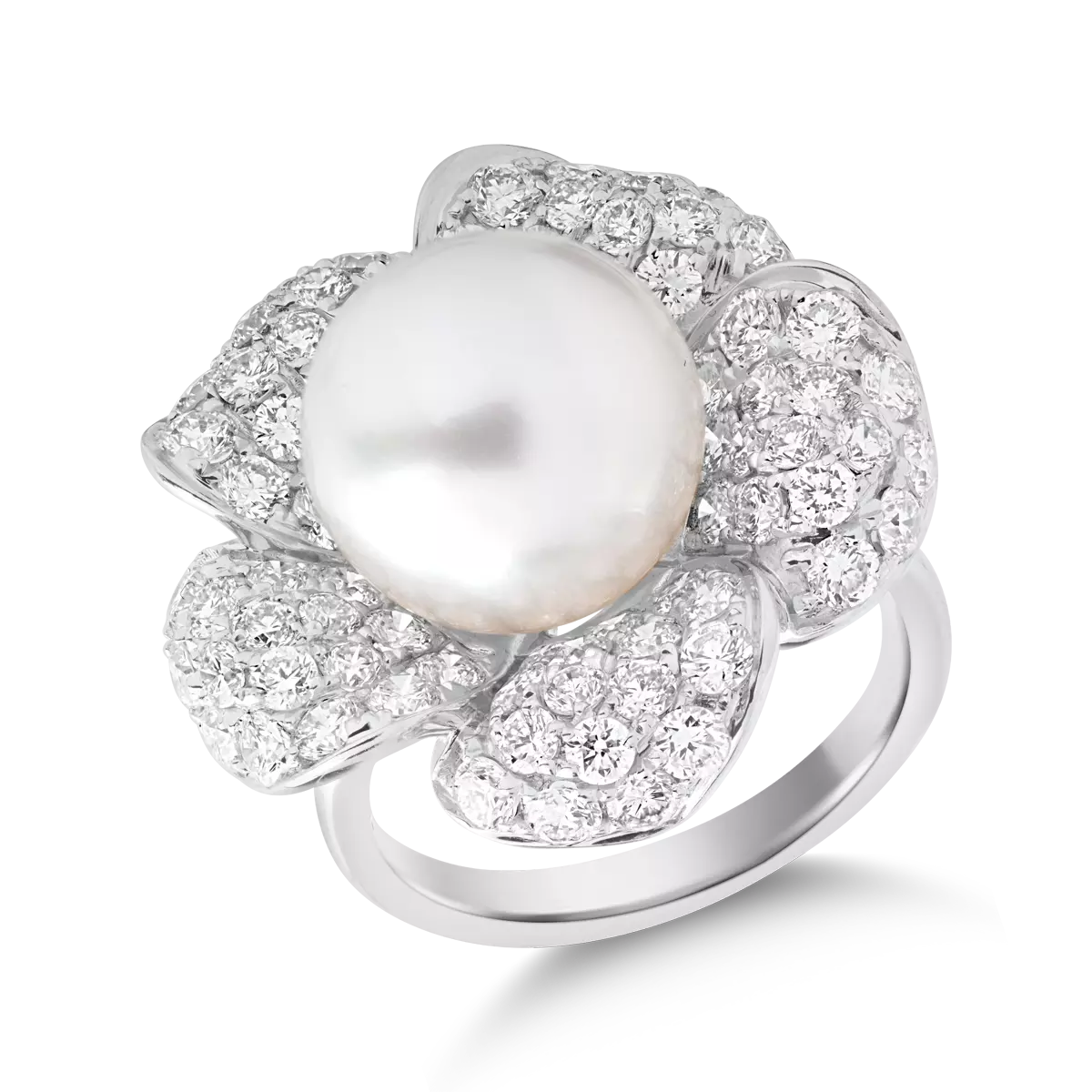 18K бял златен цветен пръстен с култивирана перла от 12.25ct и диаманти от 2.99ct