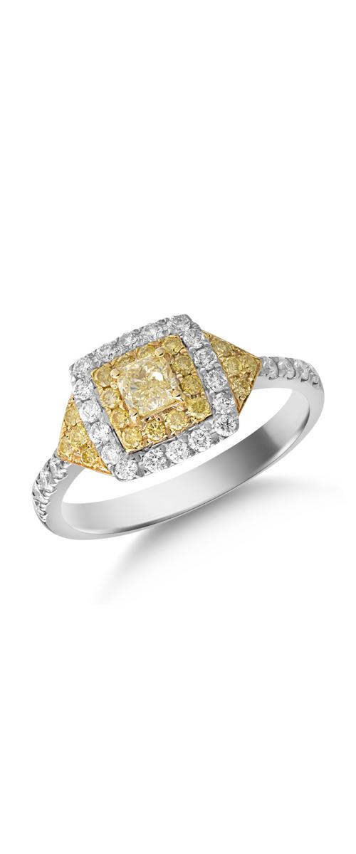 Pierścionek z 18-karatowego białego złota z 0,39-karatowymi bezbarwnymi diamentami i 0,54-karatowymi żółtymi diamentami