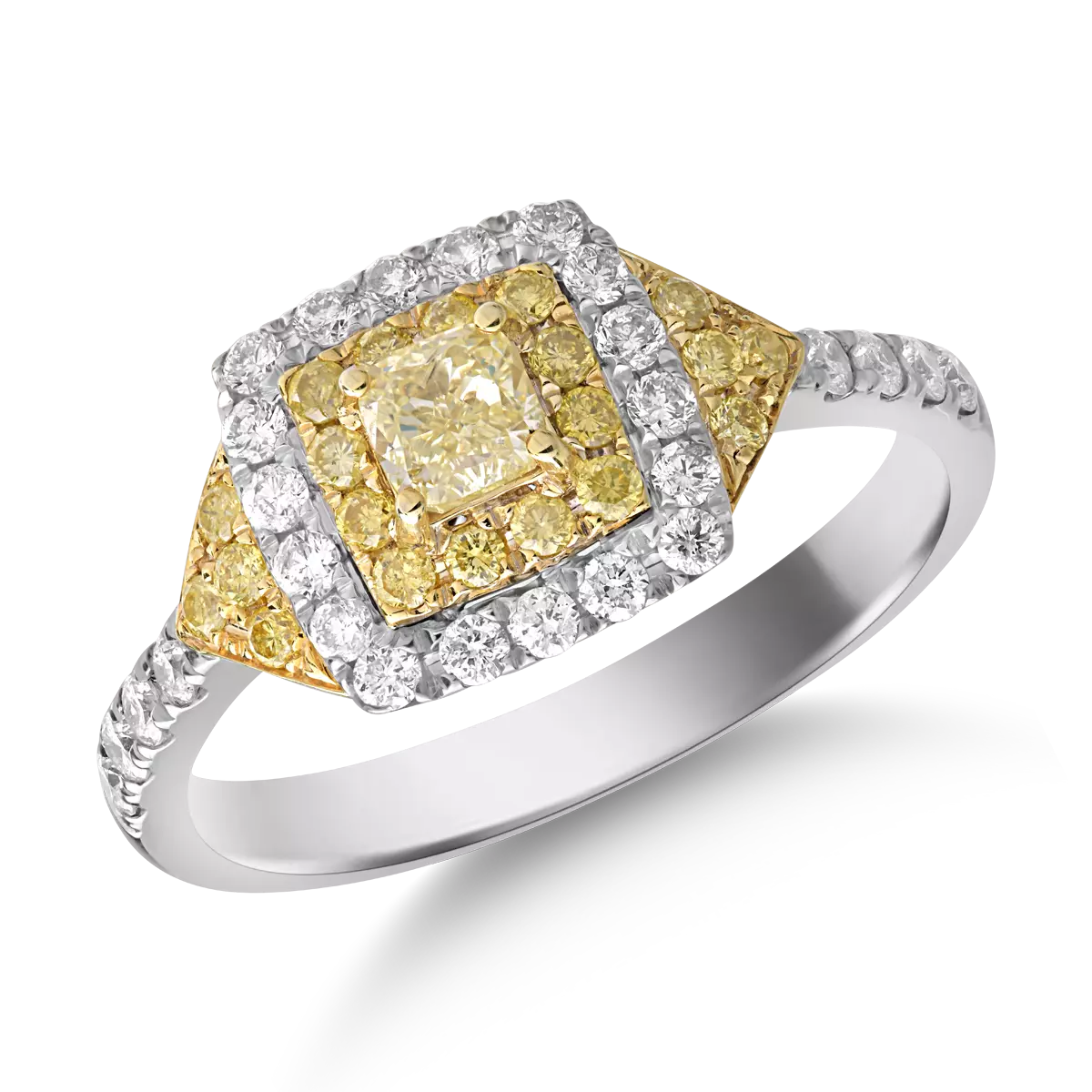 Пръстен от 18 карата бяло-жълто злато с 0,39 карата прозрачни диаманти и 0,54 карата жълти диаманти