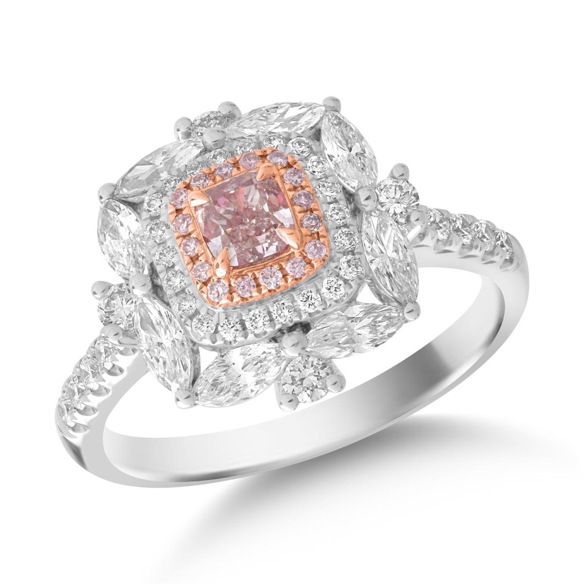 18K white-pink gold ring with transparent diamonds of 0.93ct and pink diamonds of 0.36ct