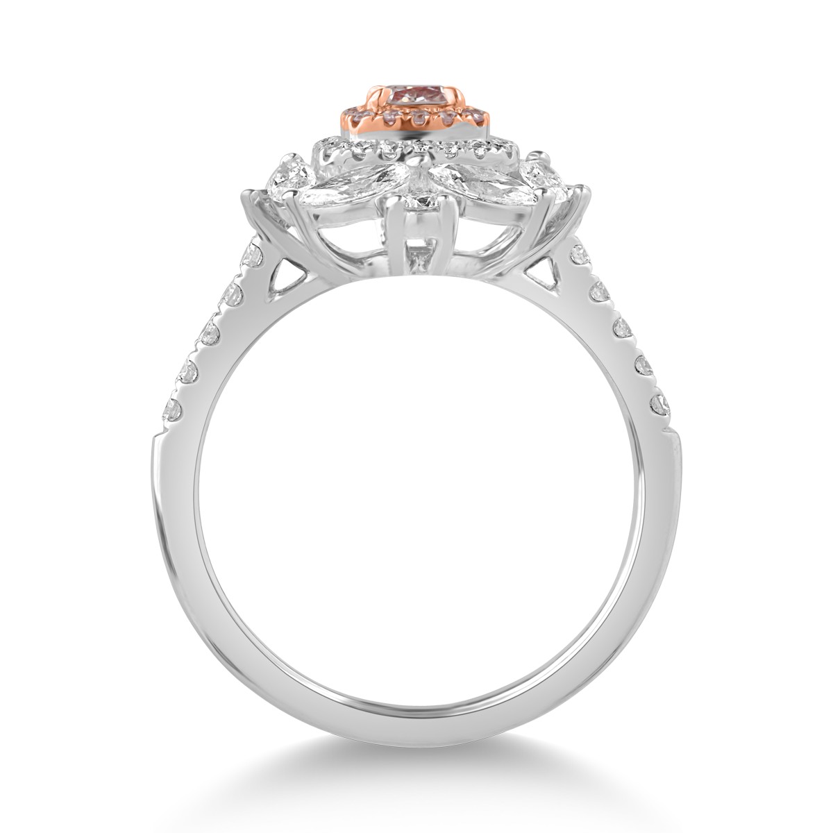 18k fehér-rózsaszín arany gyűrű, átlátszó gyémánt 0,93ct és rózsaszín gyémánt 0.36ct