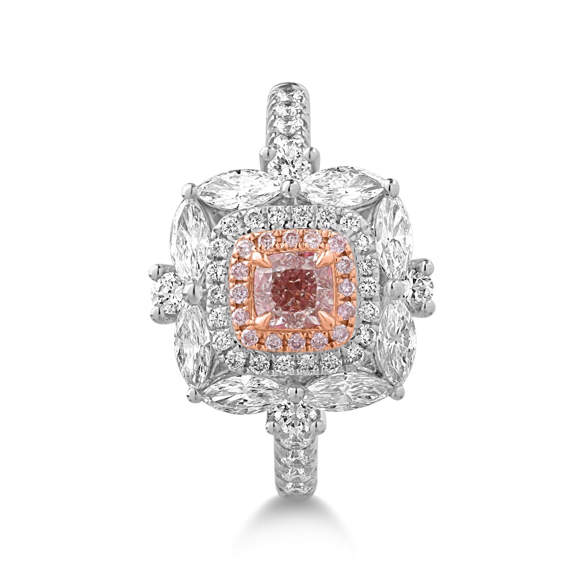 18k fehér-rózsaszín arany gyűrű, átlátszó gyémánt 0,93ct és rózsaszín gyémánt 0.36ct