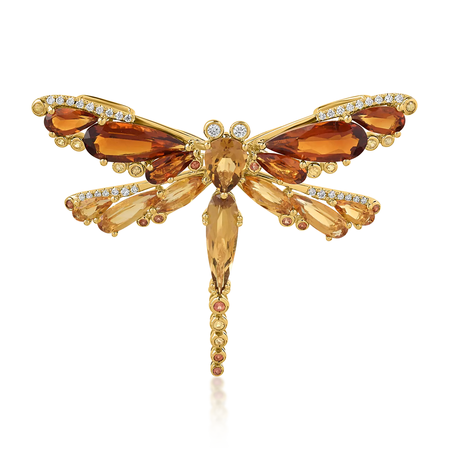 18K yellow gold dragonfly brooch with 11.21ct precious and semiprecious stones