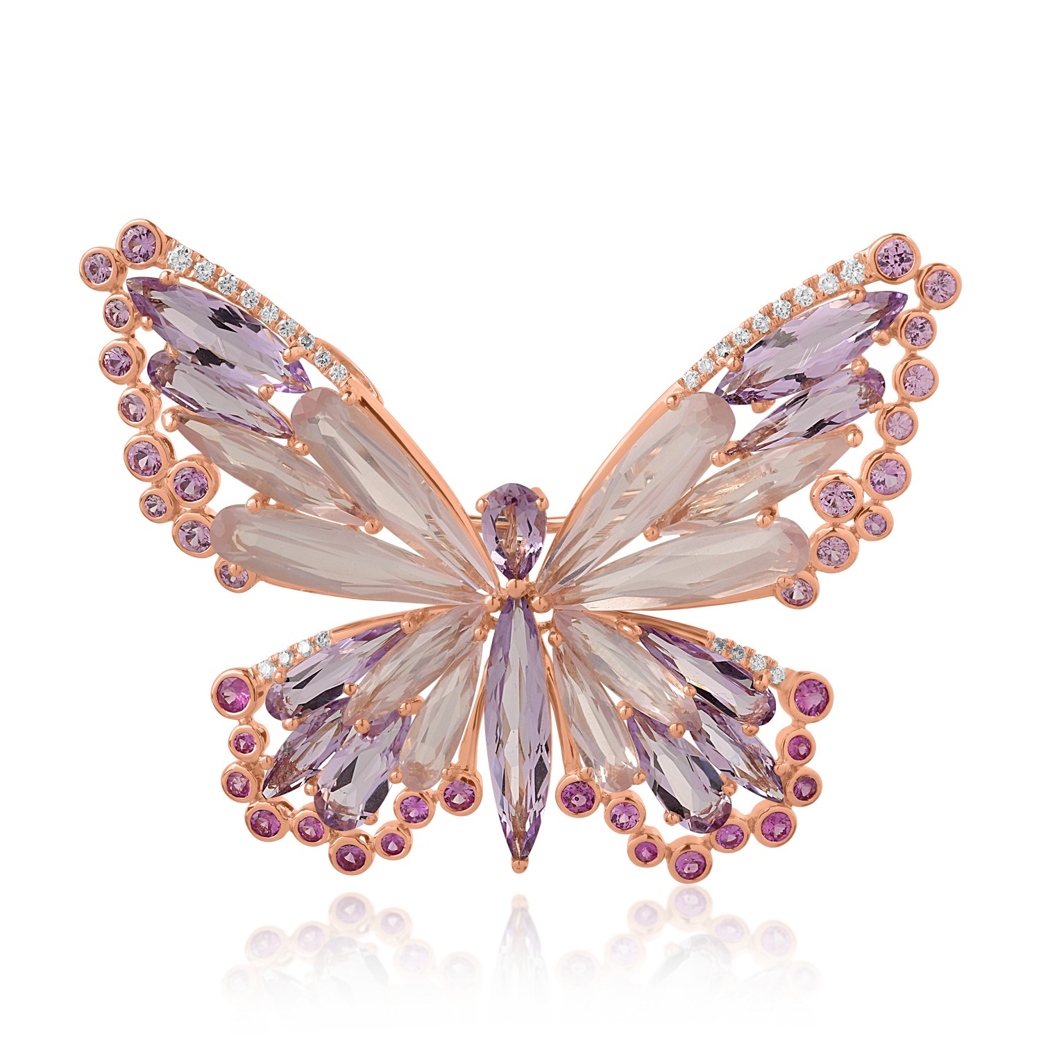 Brosa fluture din aur roz de 18K cu pietre pretioase si semipretioase de 17.98ct