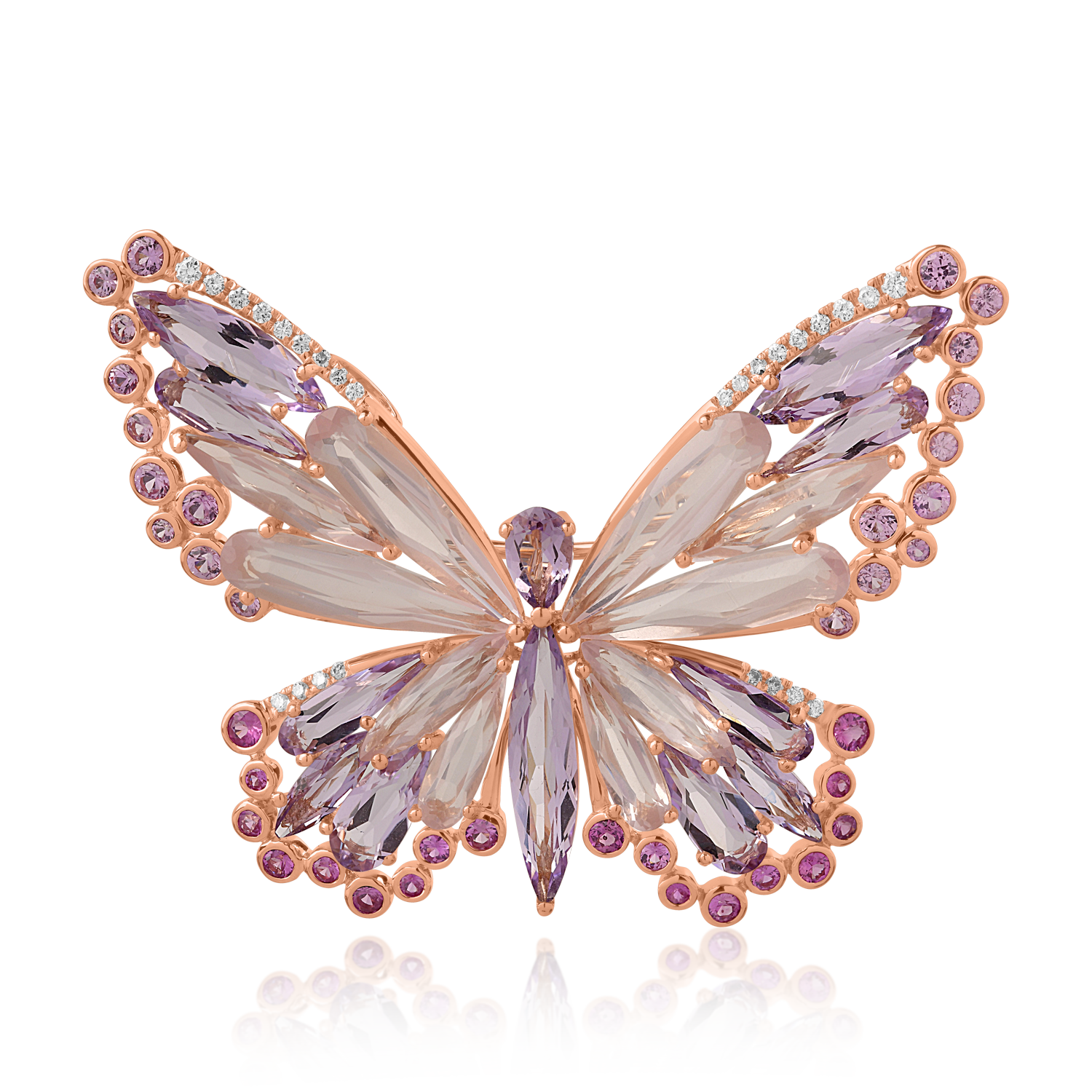 18K rose gold butterfly brooch with 17.98ct precious and semiprecious stones