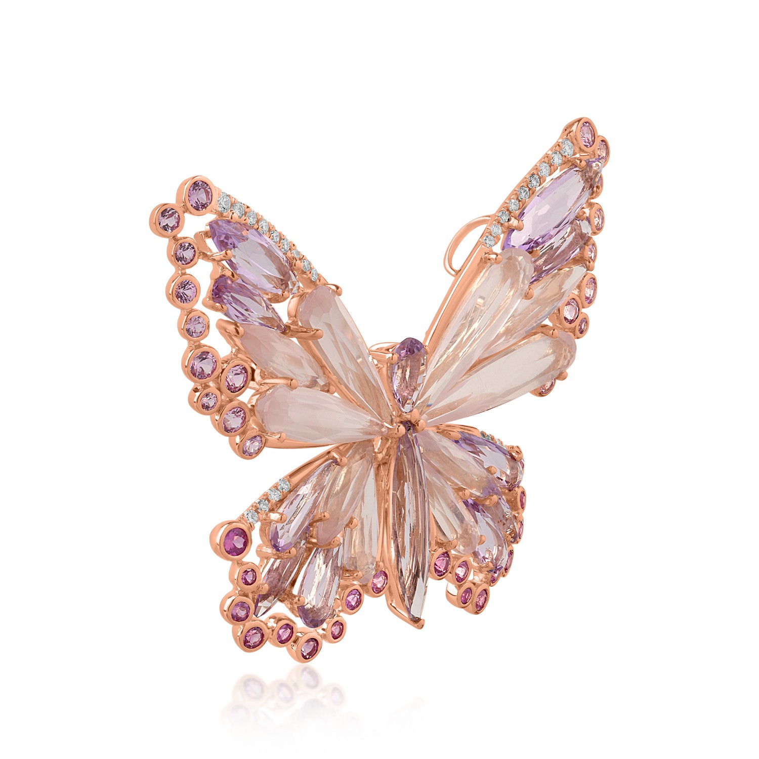 Брошка с пеперуда от 18 карата розово злато с 17,98 карата скъпоценни и полускъпоценни камъни