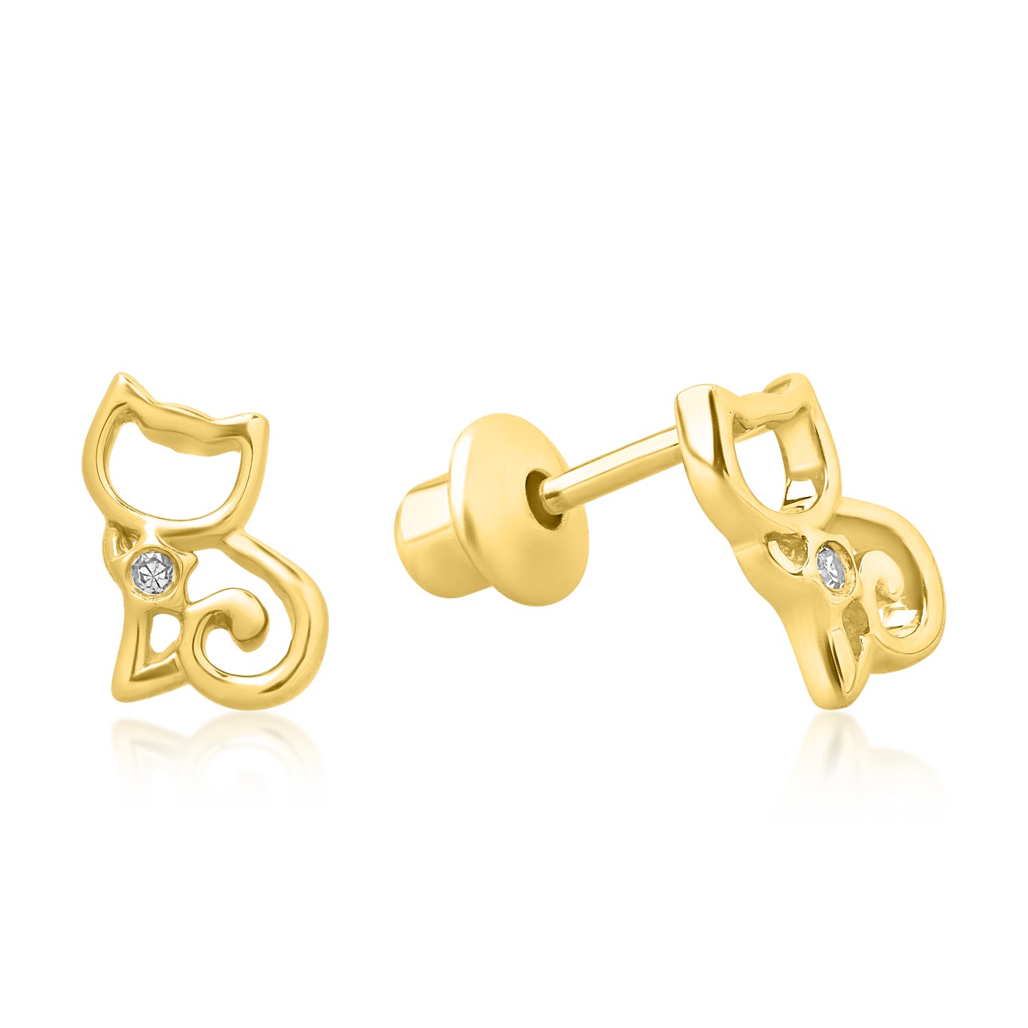 14K yellow gold children's cat earrings with 0.008ct diamonds