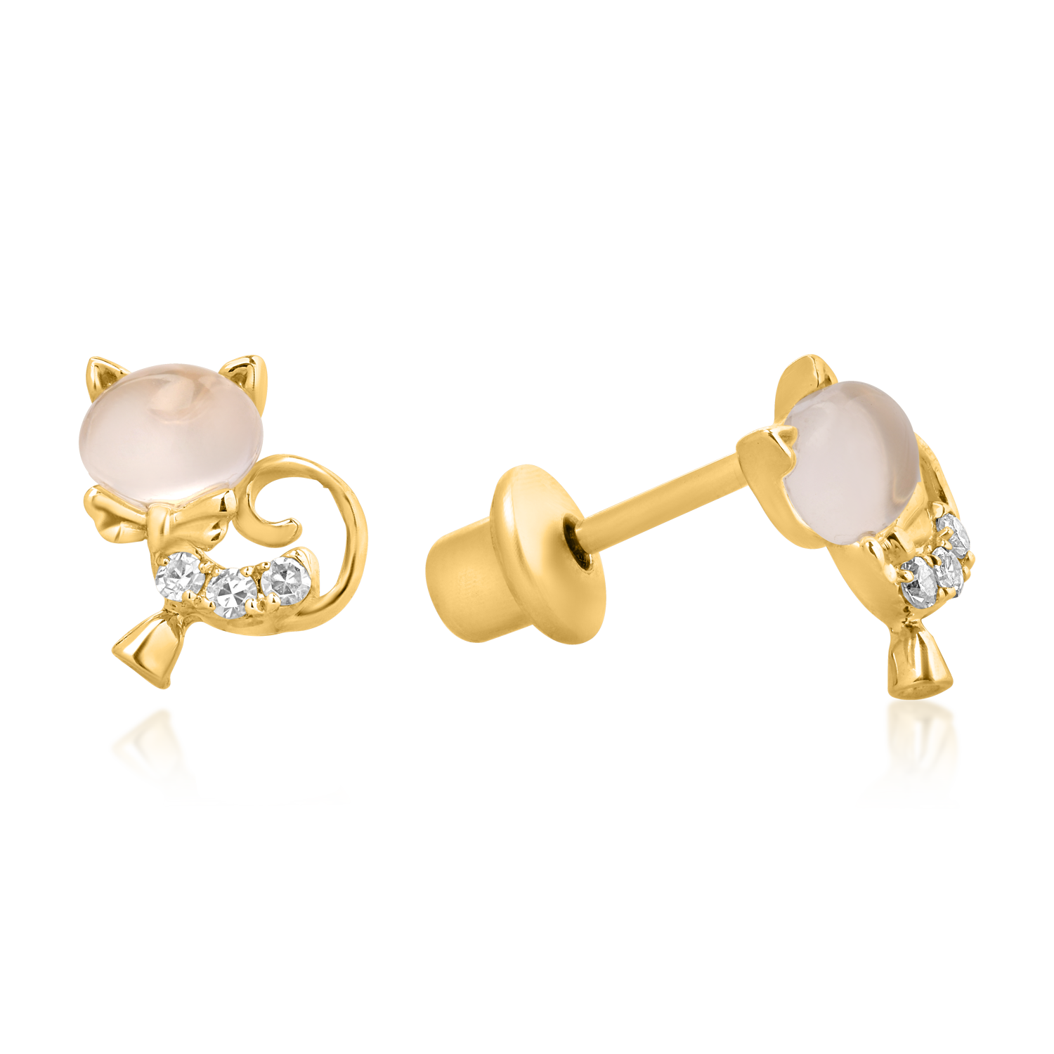 Cercei pisicute pentru copii din aur galben de 14K cu topaze albe de 0.59ct si diamante de 0.036ct