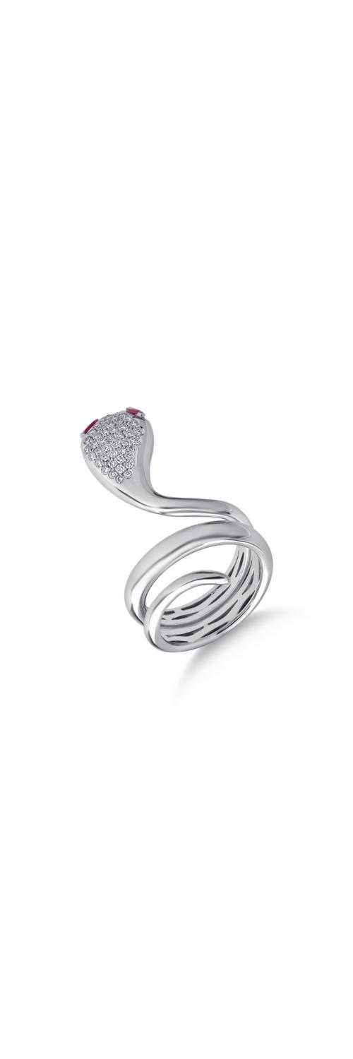 18K white gold snake ring with 0.52ct rubies and 0.54ct diamonds