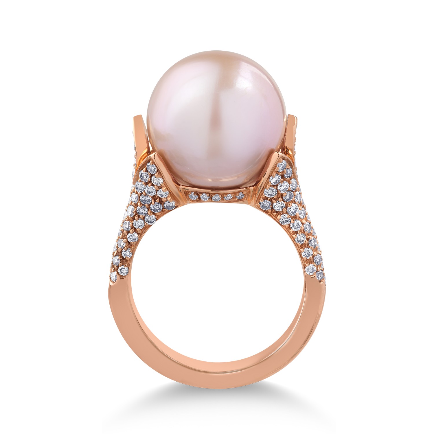 Inel din aur roz de 18K cu perla de cultura de 18.7ct si diamante de 0.83ct