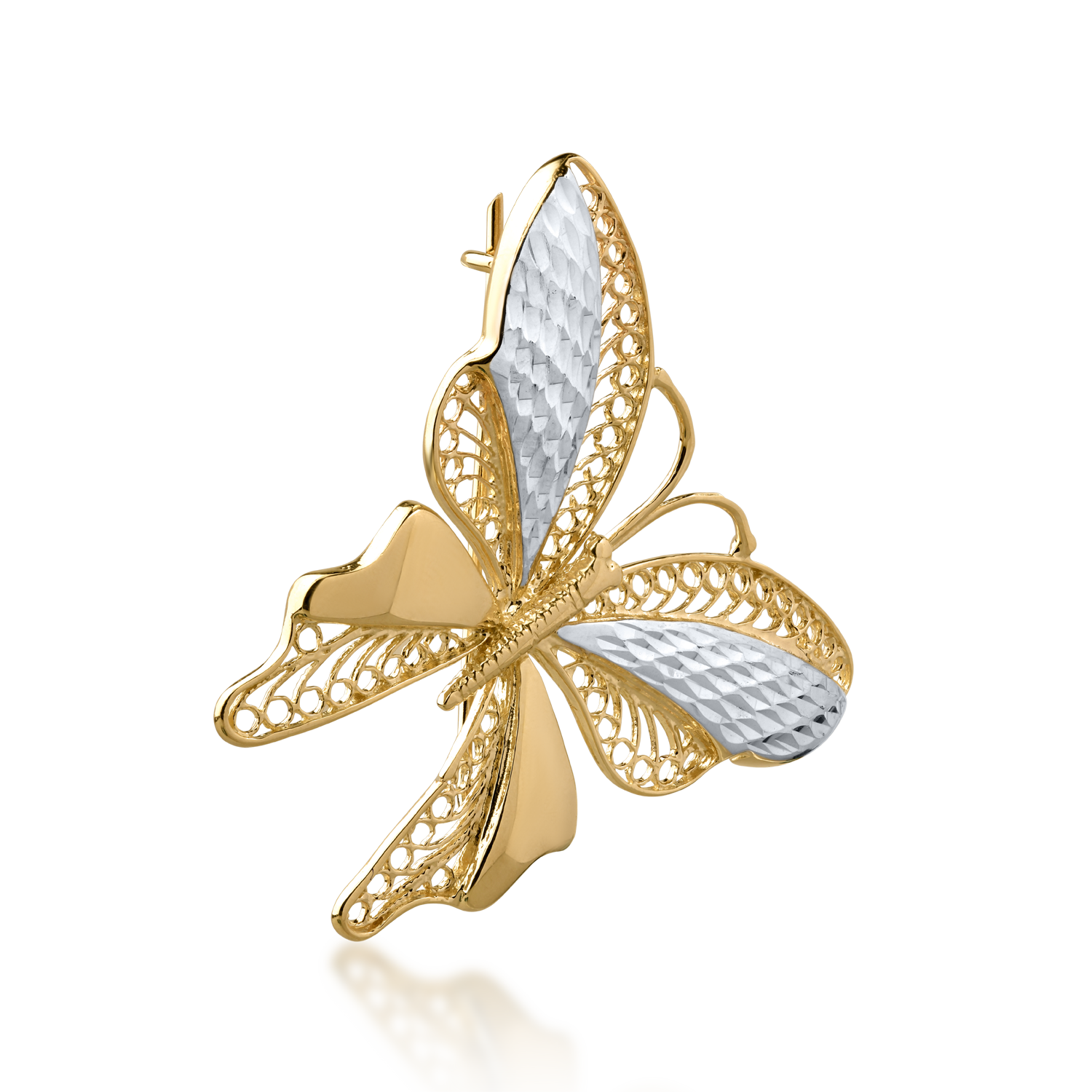 Brosa fluture din aur alb-galben de 14K