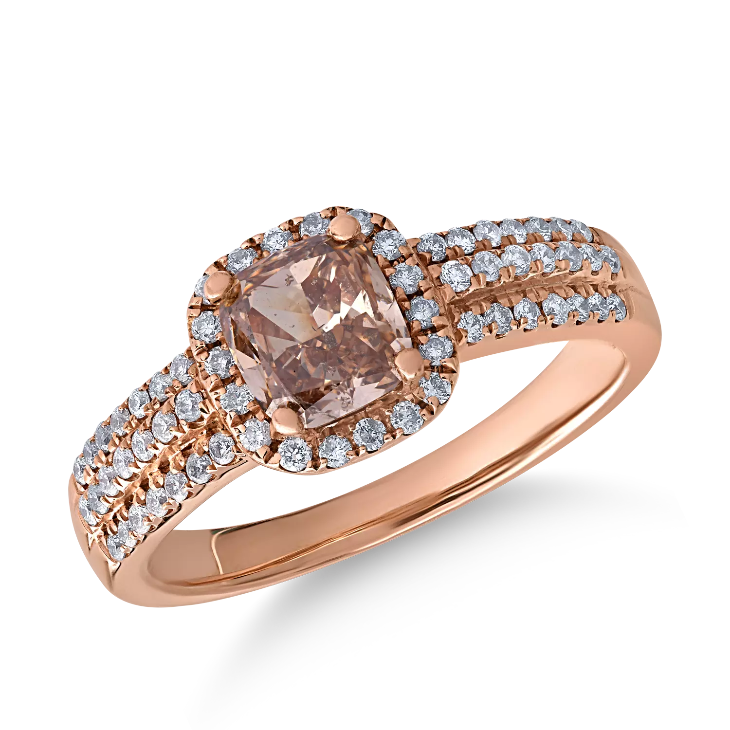 Inel din aur roz de 14K cu diamant maro de 1.02ct si diamante transparente de 0.34ct