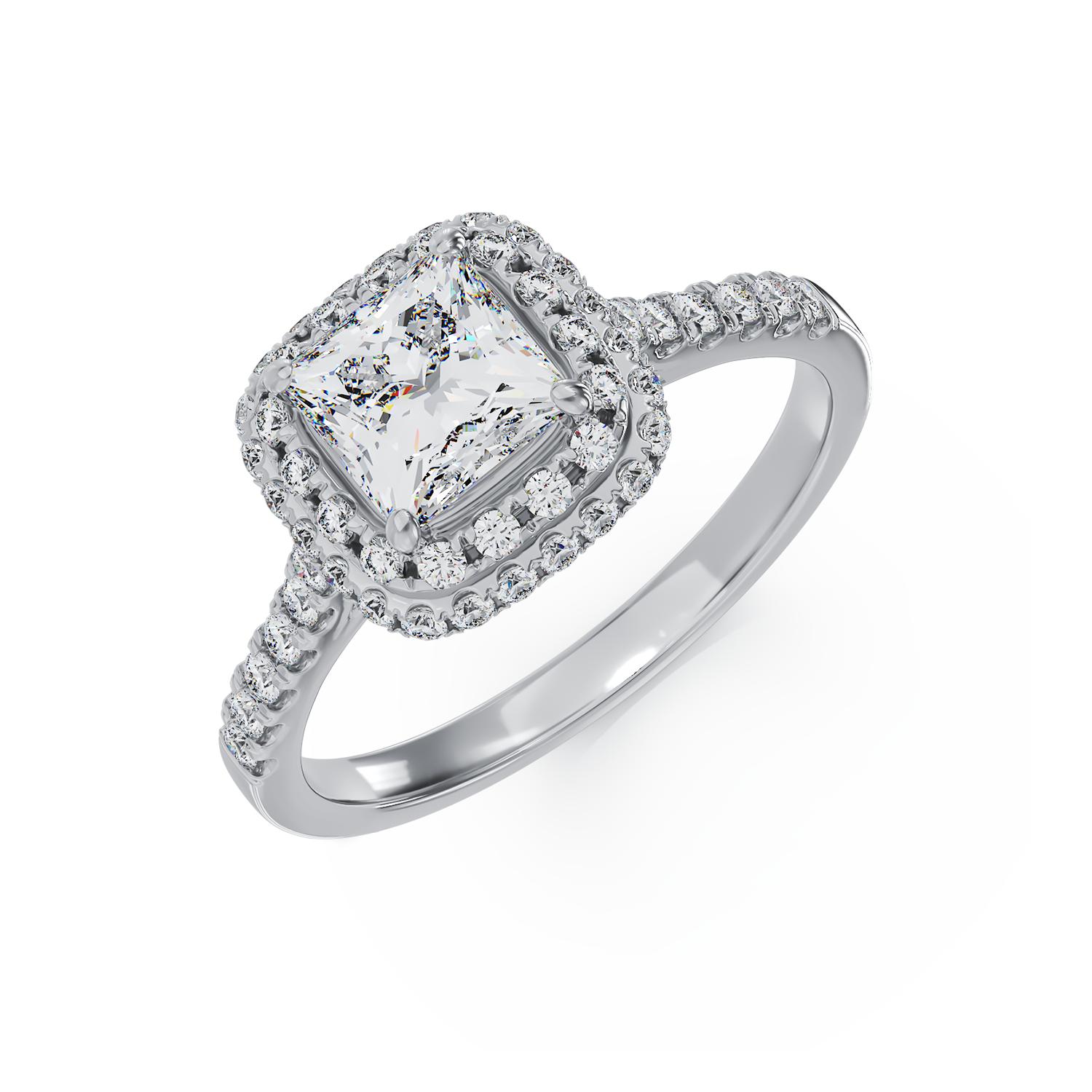 Inel de logodna din aur alb de 18K cu diamant de 1.01ct si diamante de 0.39ct