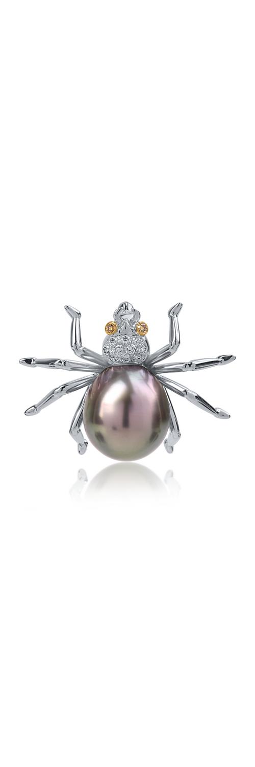 White-yellow gold brooch with freshwater pearl and 0.12ct diamonds