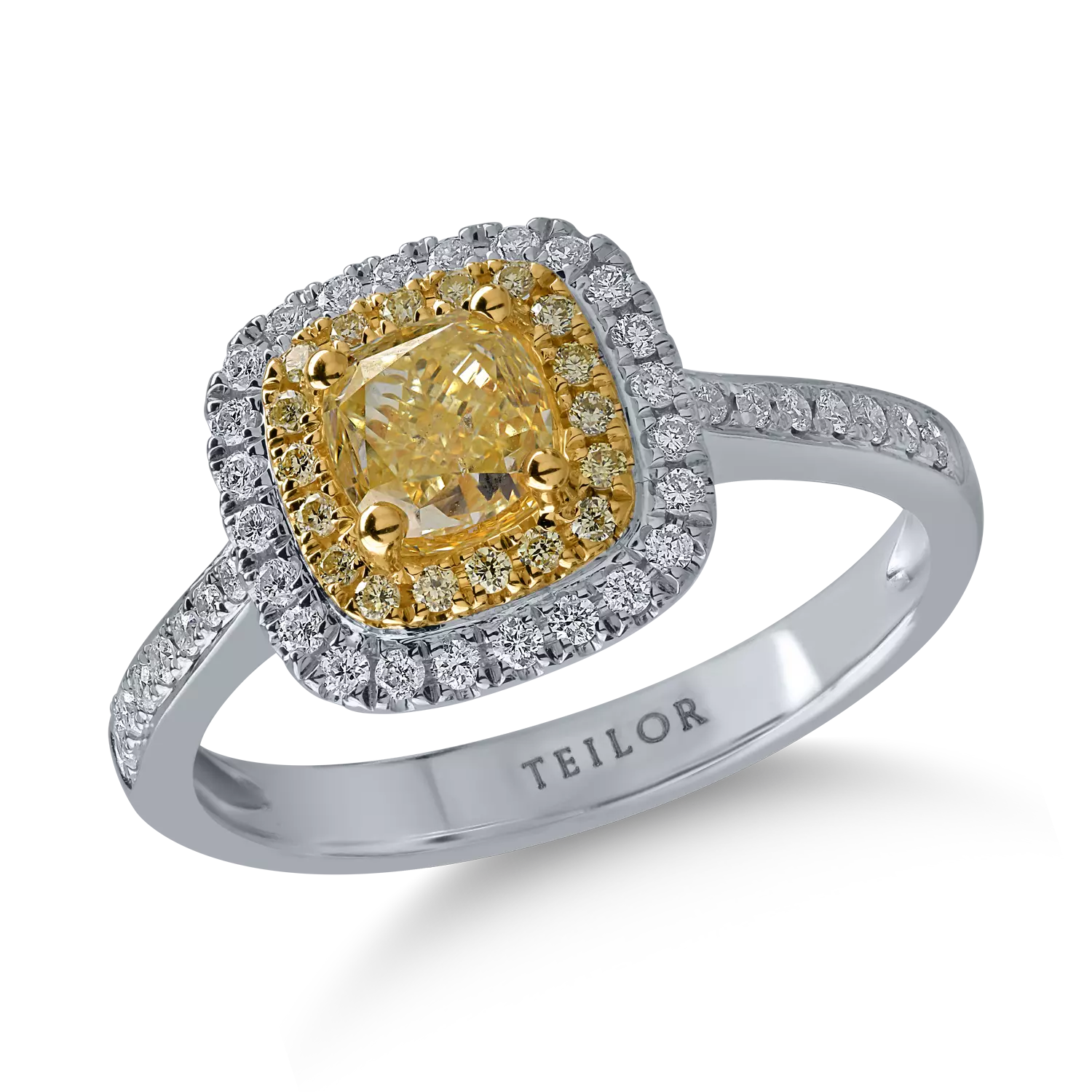Inel din aur alb-galben cu diamante galbene de 1.11ct si diamante transparente de 0.24ct