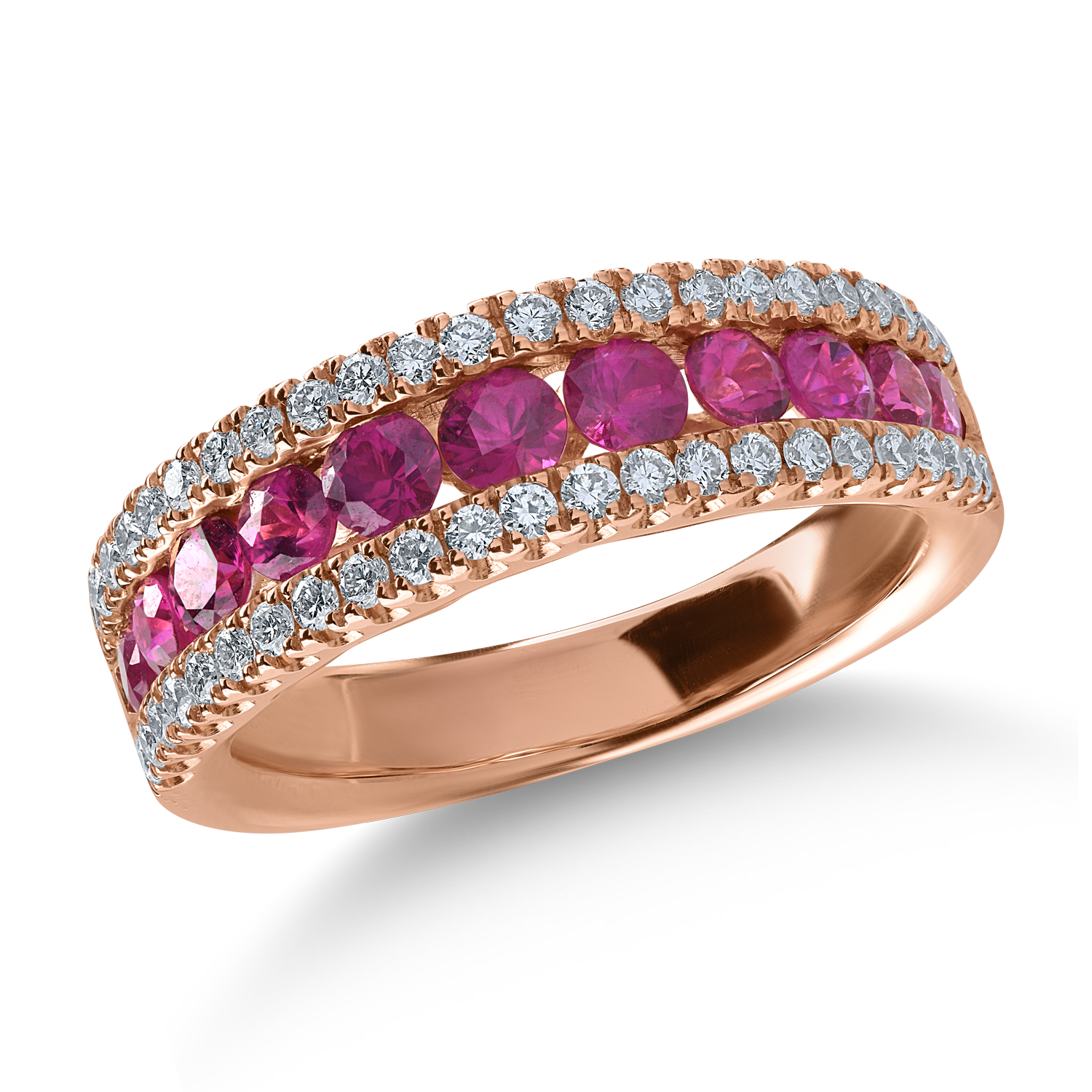 Fél örökkévalóság gyűrű rózsaszín aranyból 1.19ct rubinokkal és 0.4ct gyémántokkal