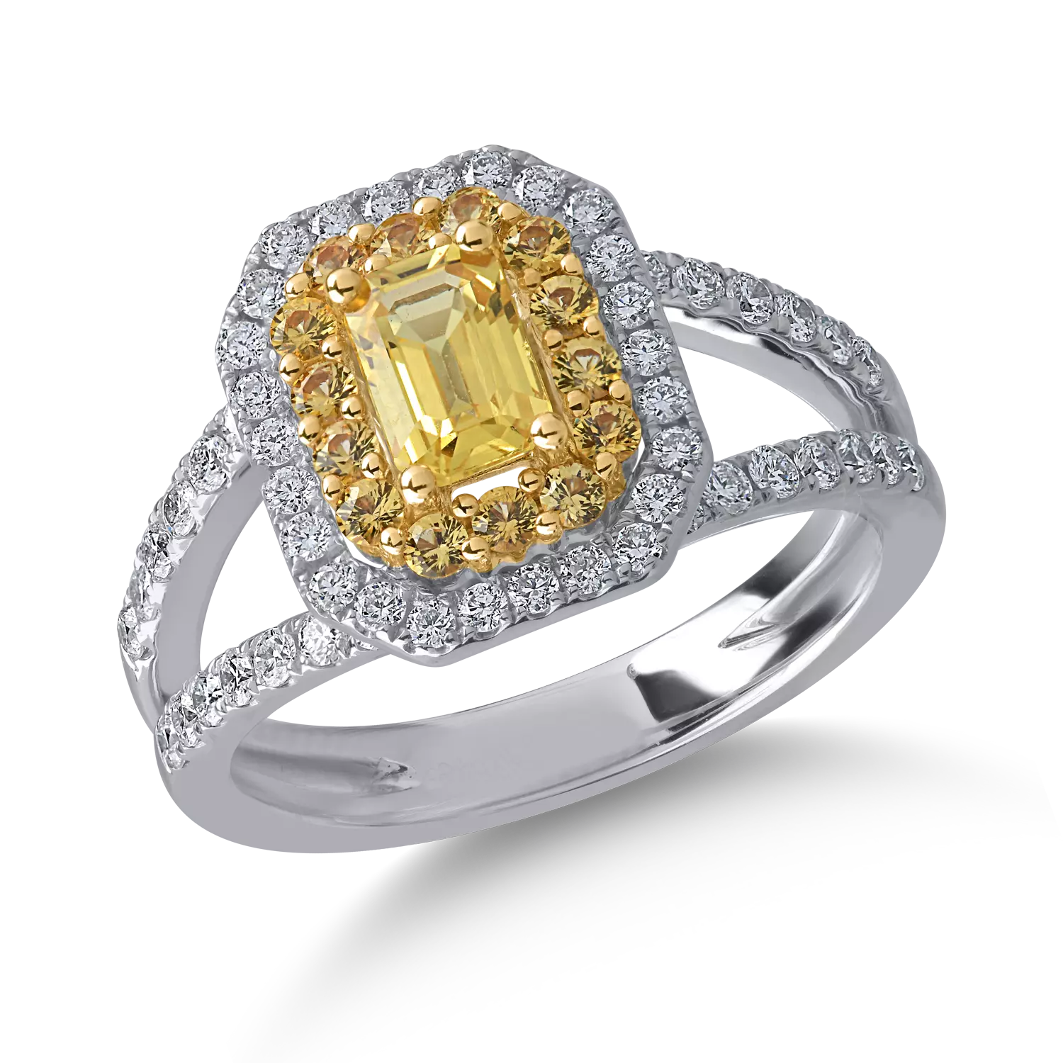 Fehér-sárga arany gyűrű 0.98ct sárga zafírral és 0.53ct gyémántokkal