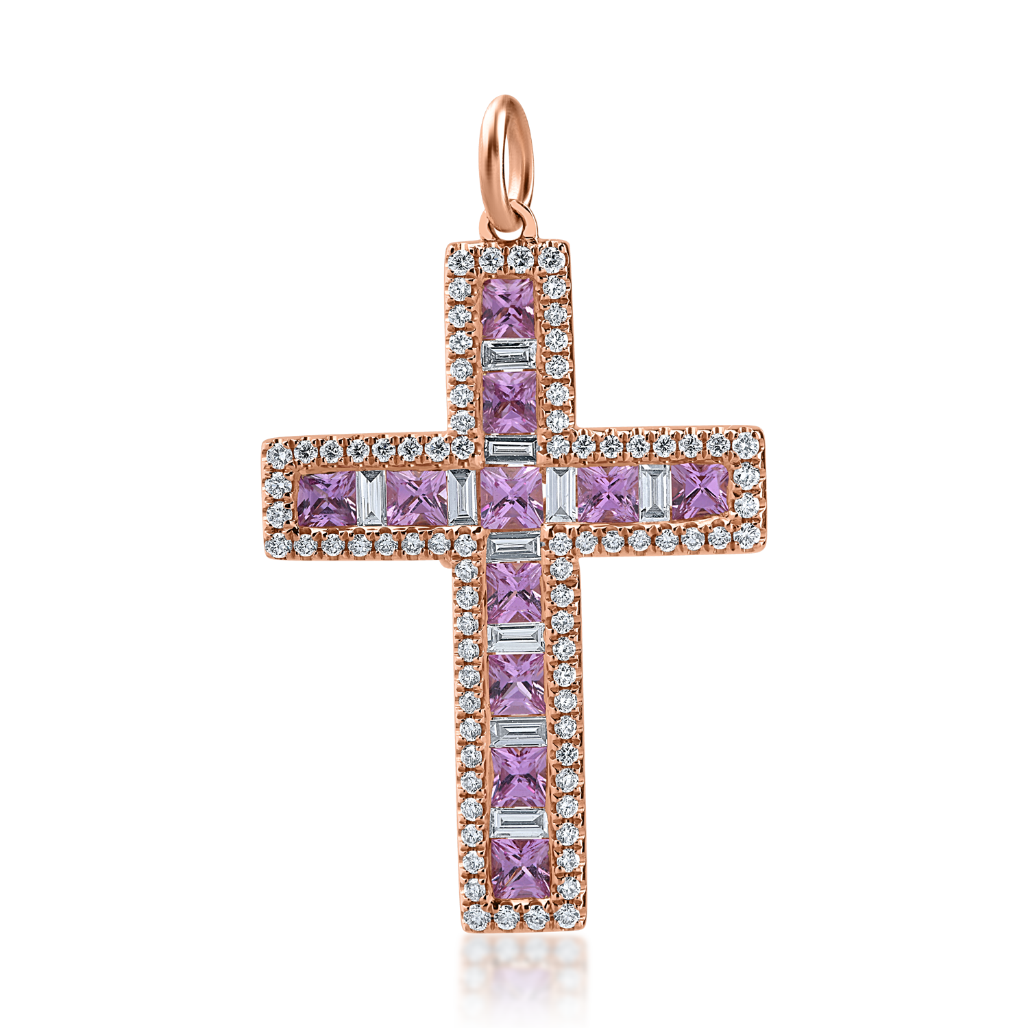 Pandantiv cruce din aur roz cu rubine de 0.96ct si diamante de 0.51ct