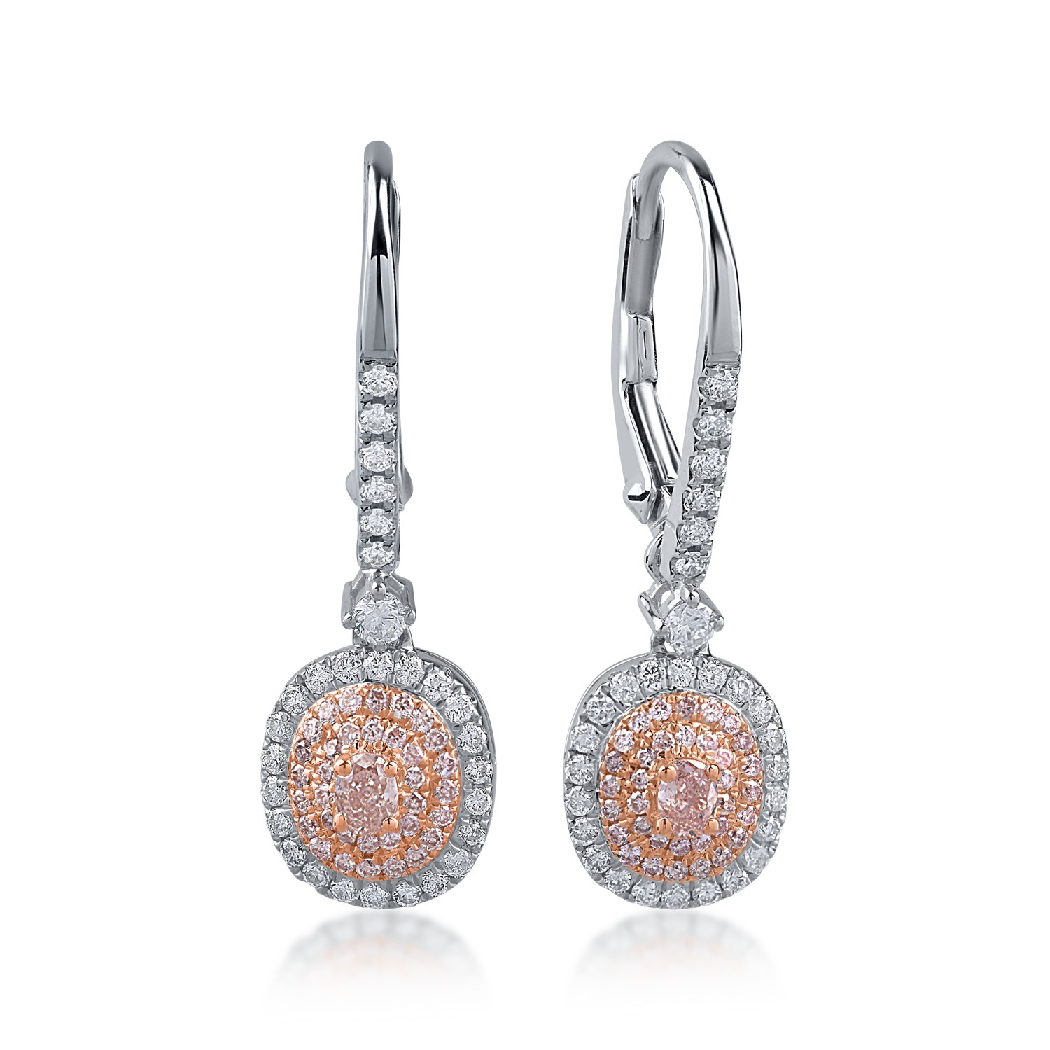 White-rose gold earrings with 0.43ct clear diamonds and 0.32ct rose diamonds